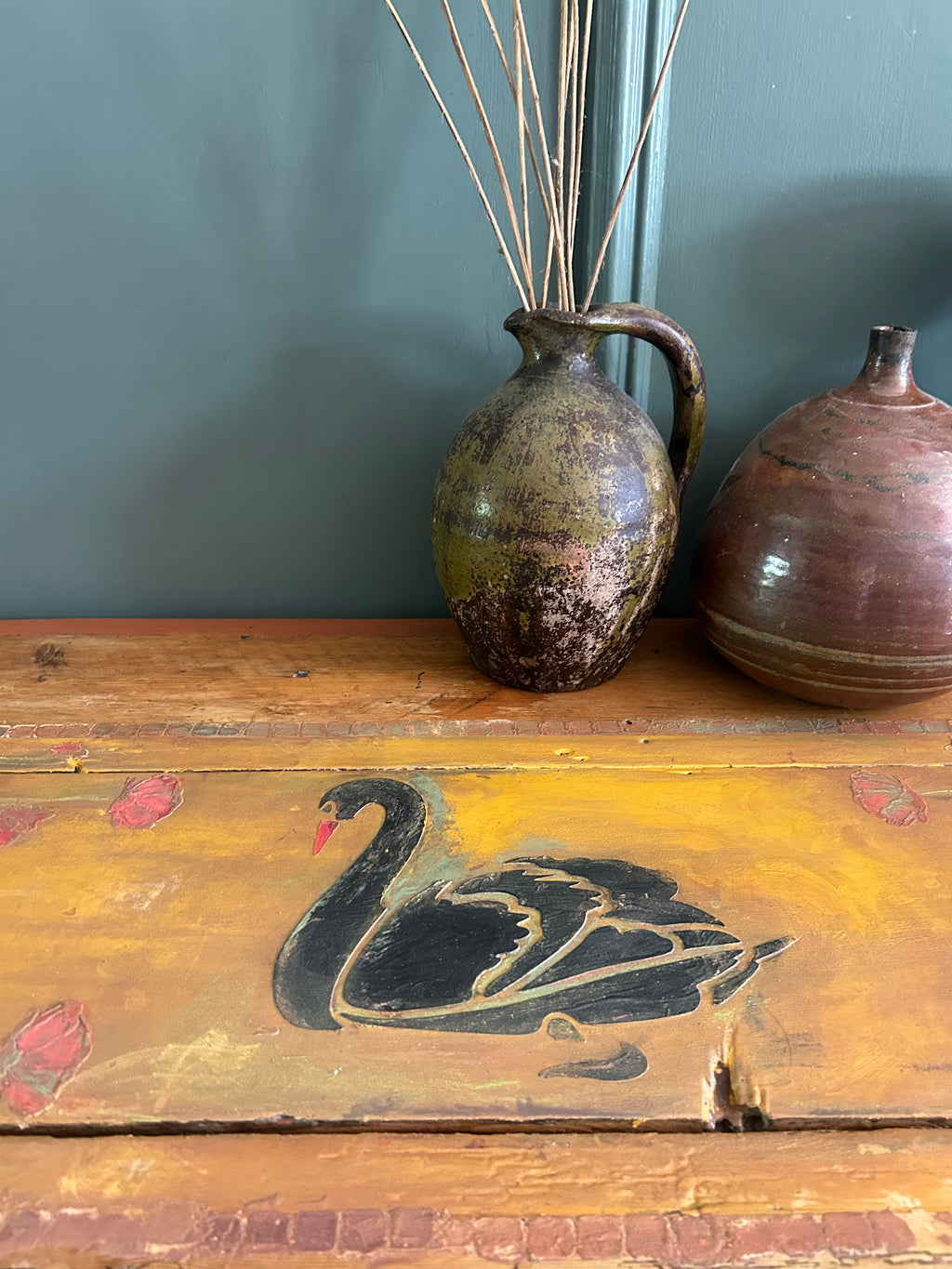 Vintage Pine console Table with Folk Art Sean Design