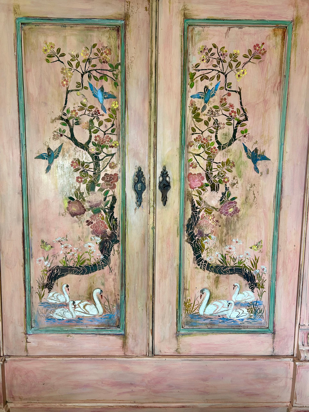 Vintage Painted French Wardrobe with Chinoiserie Panels