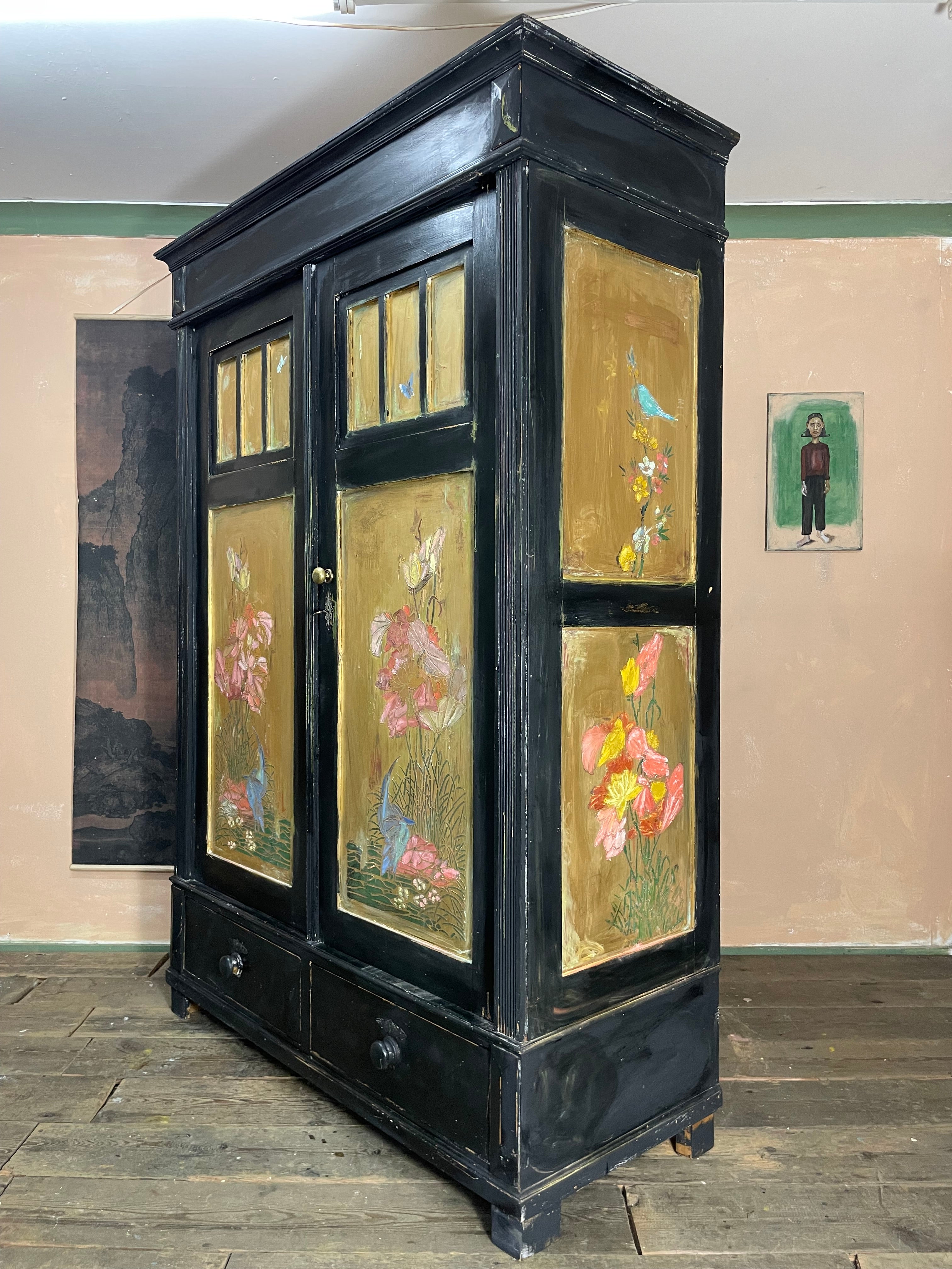 Vintage Painted Pine Knockdown Wardrobe with Inlaid Design