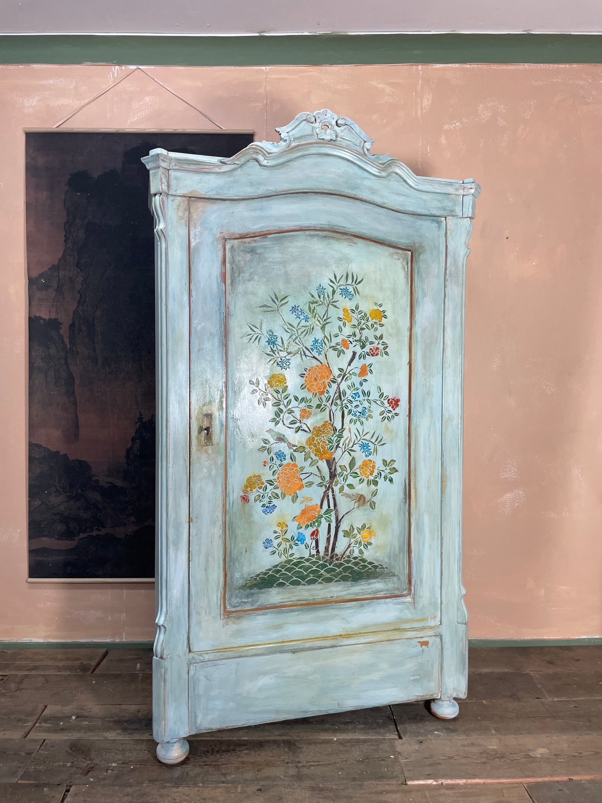 Vintage Painted Pine Wardrobe/ Linen Press with Chinoiserie Panel