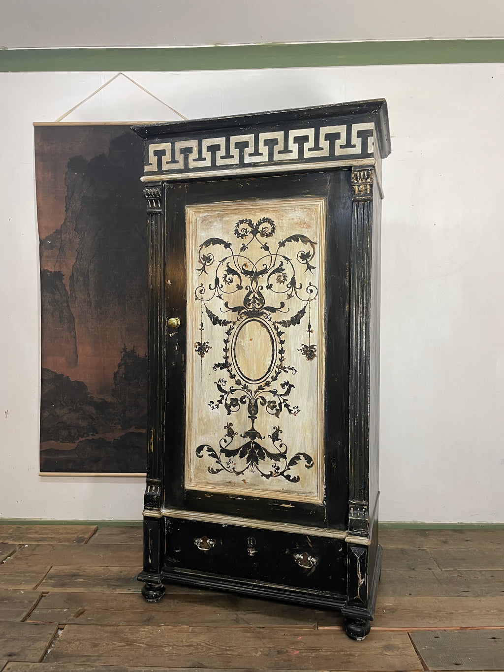 Vintage Painted Pine Wardrobe with Versailles Panel