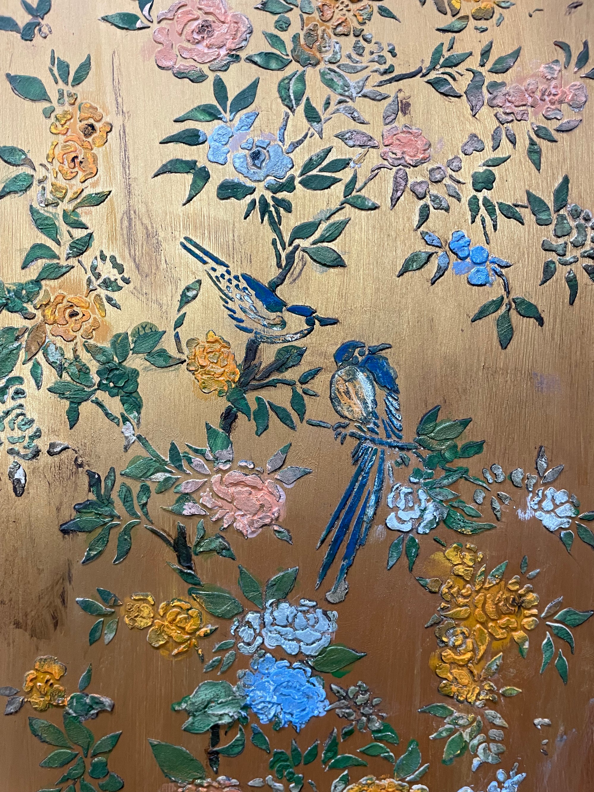 Vintage/ Antique Painted Pine Wardrobe with Inlaid Chinoiserie Panels