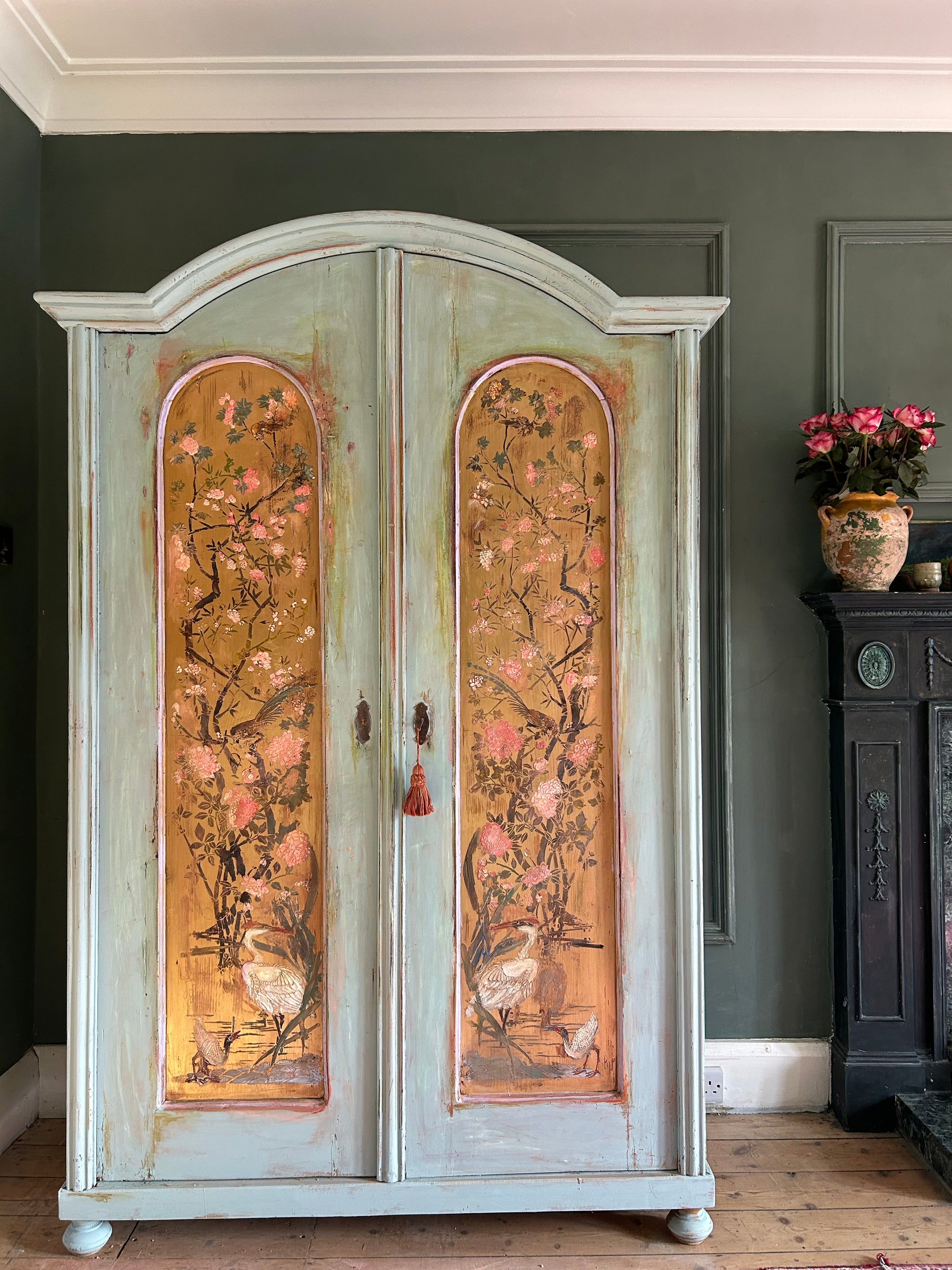 Antique Painted Wardrobe with Chinoiserie Panels