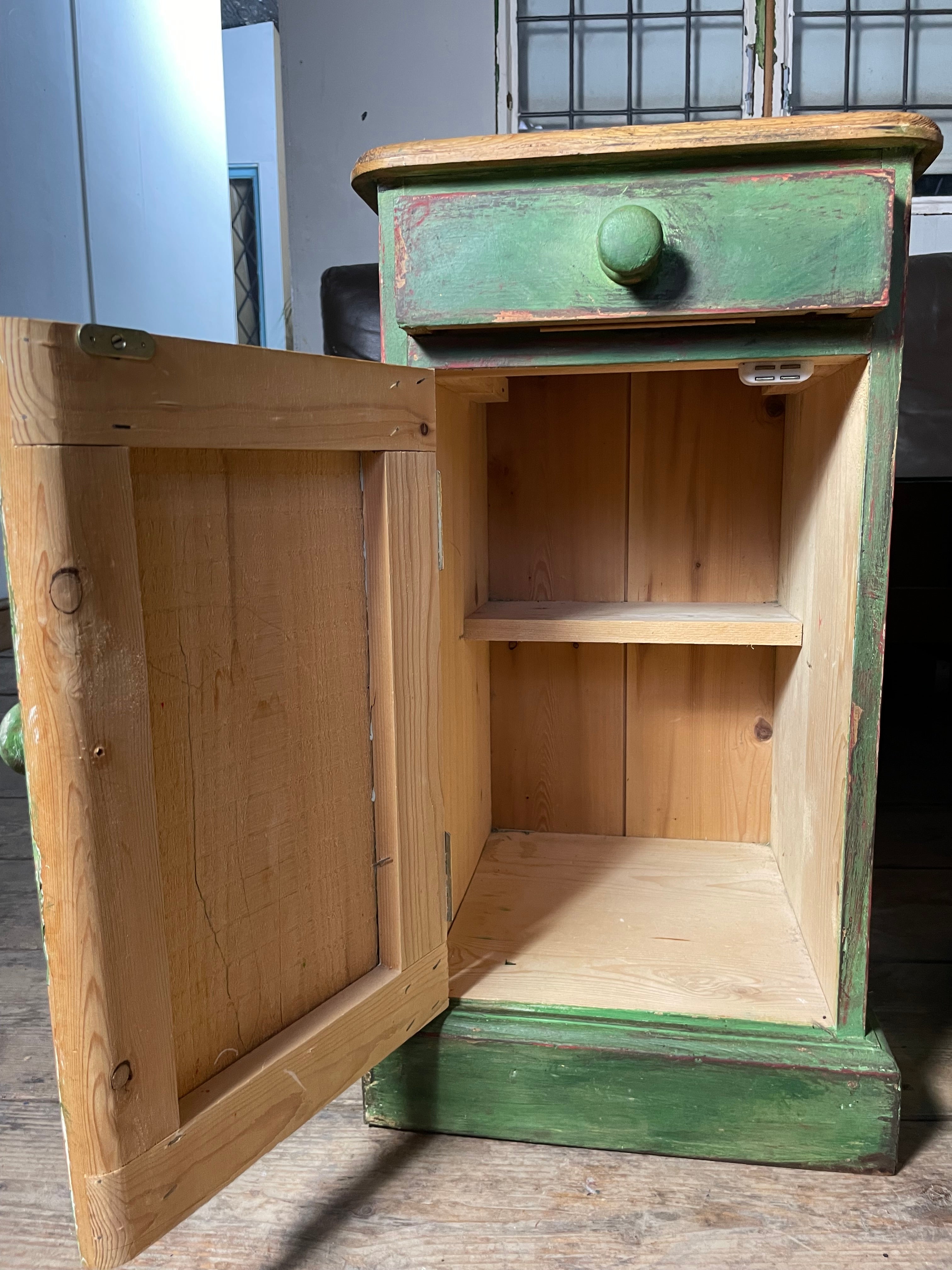 Vintage Painted Pine Bedside Tables with inlaid Chinoiserie