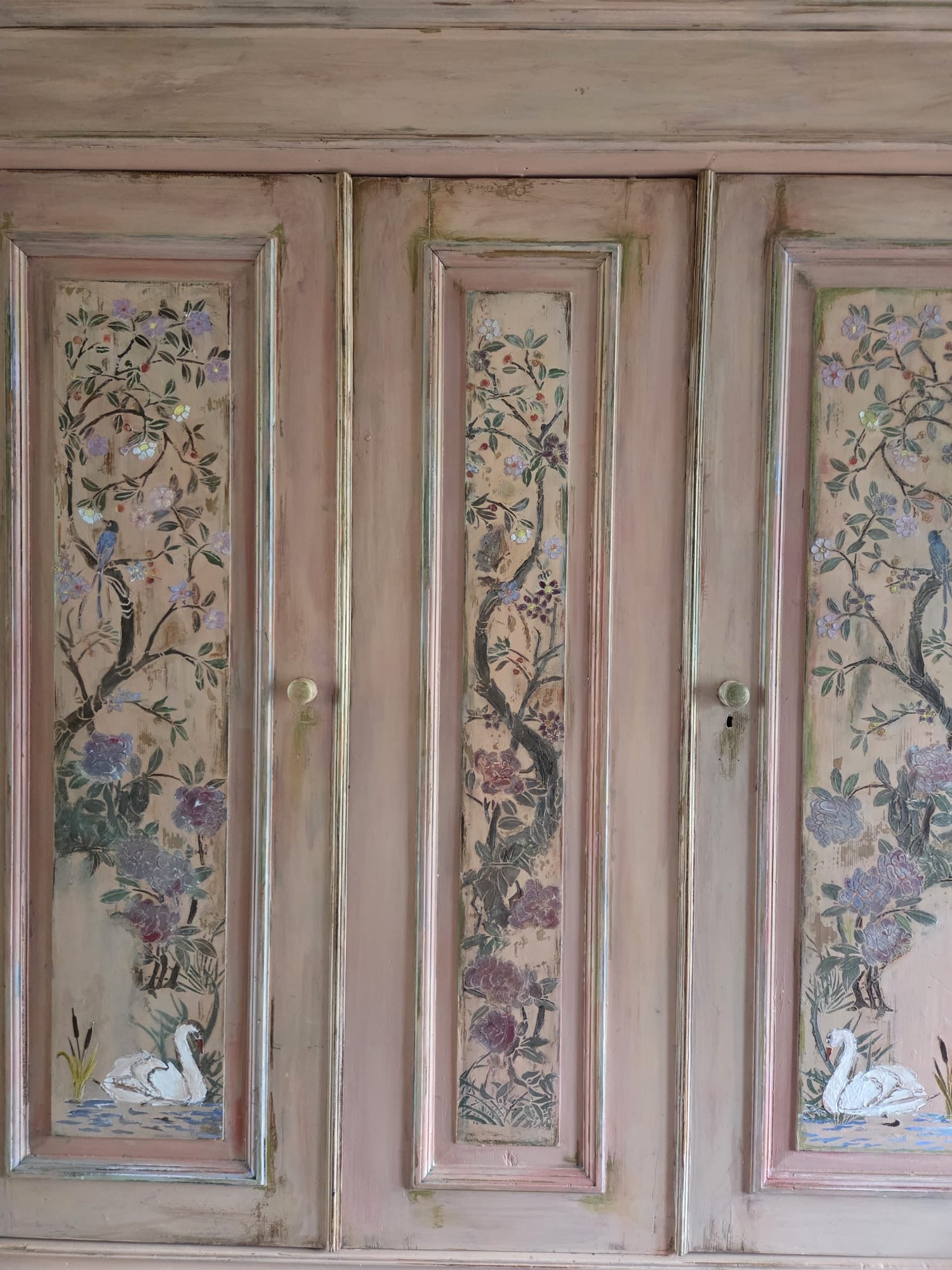 Painted Pine Triple wardrobe with Chinoiserie Panels
