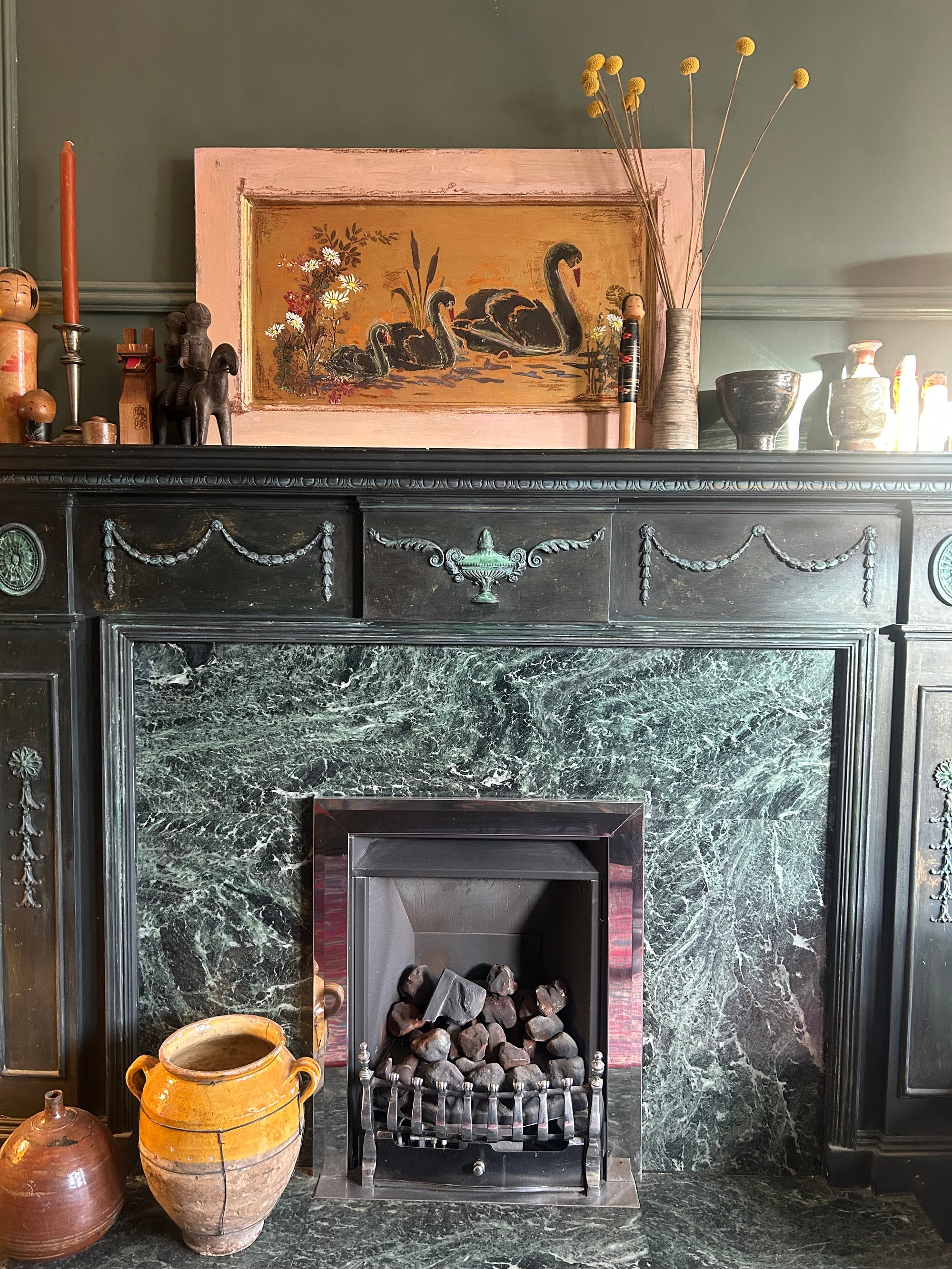 Reclaimed Door Wallhanging with Black Swan Chinoiserie