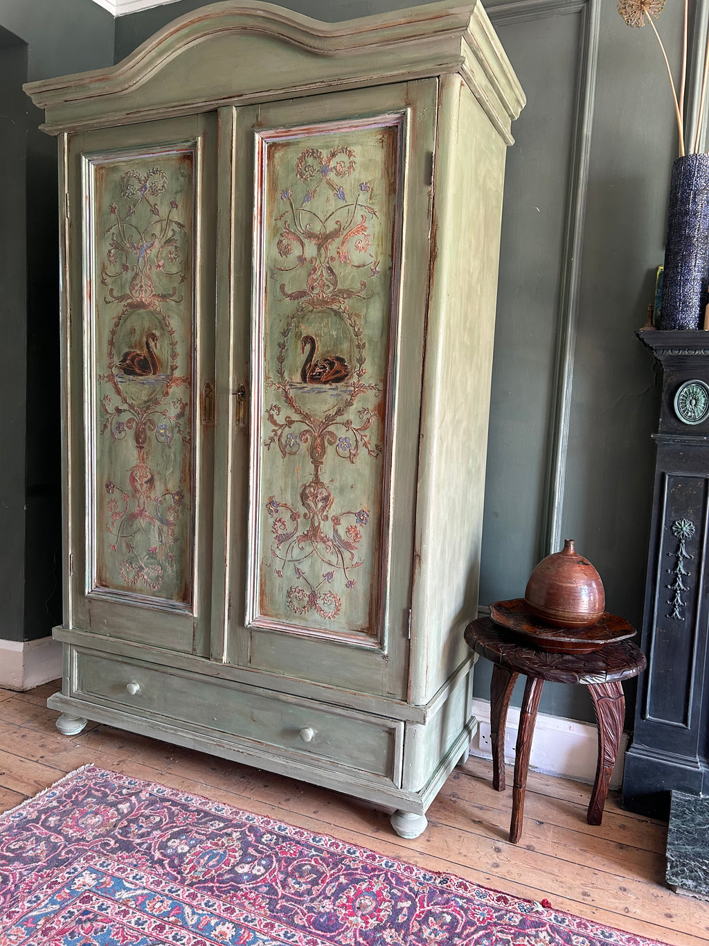 Painted Pine French Wardrobe with Chinoiserie Black Swan