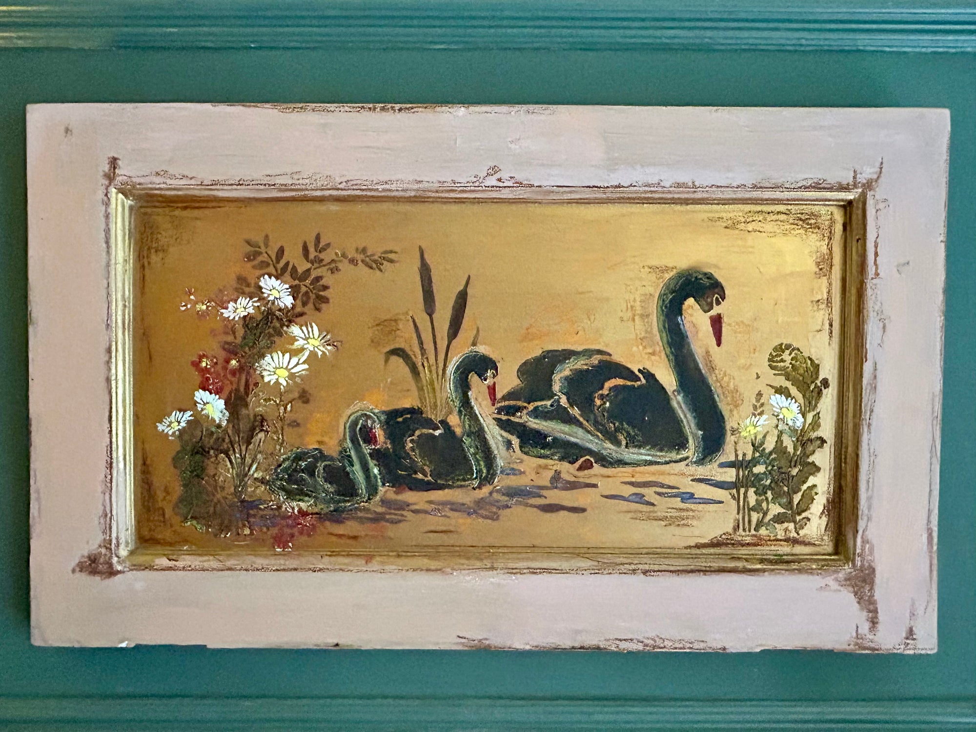 Reclaimed Door Wallhanging with Black Swan Chinoiserie