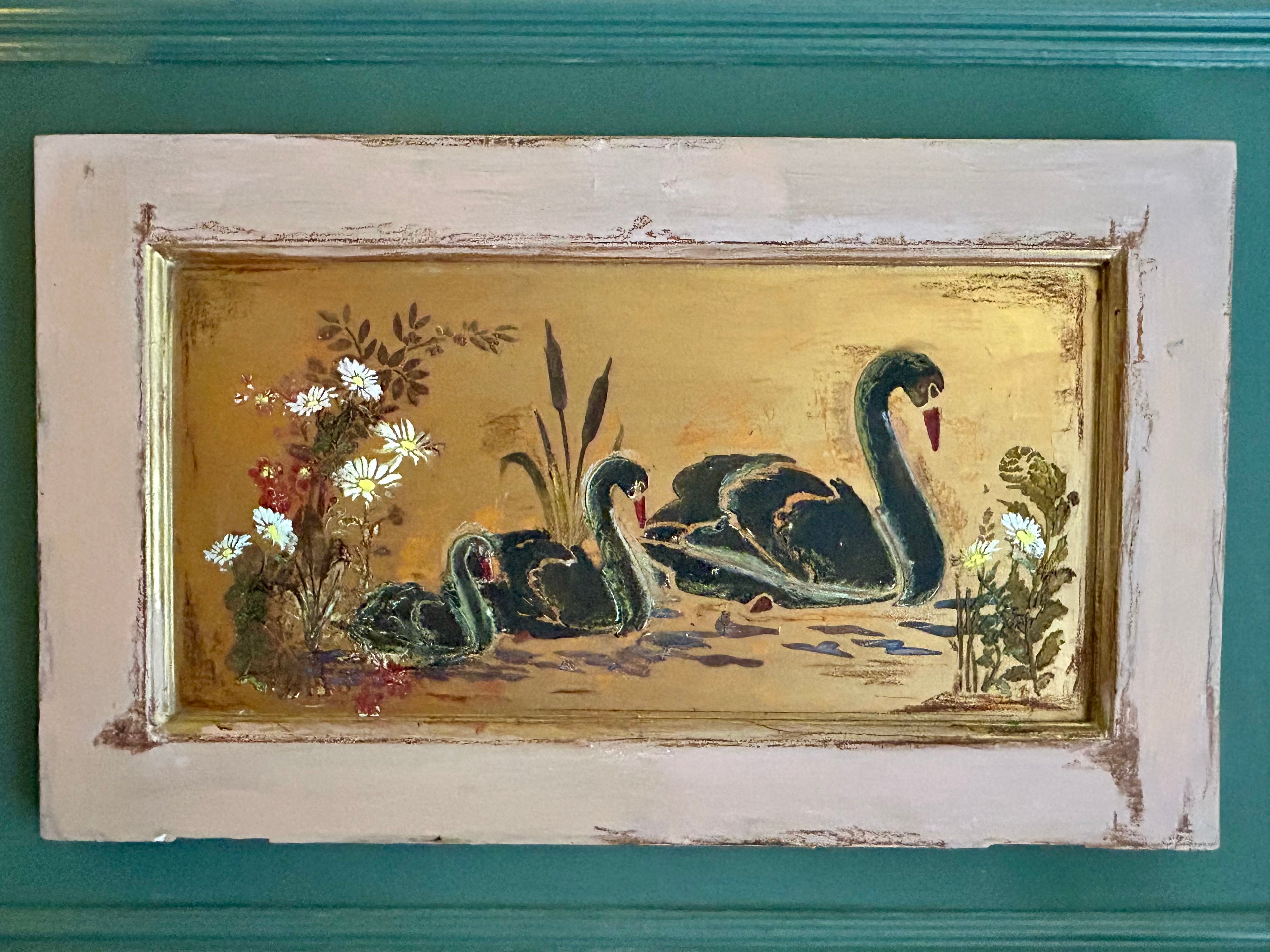 Reclaimed Door Wallhanging with Black Swan Chinoiserie