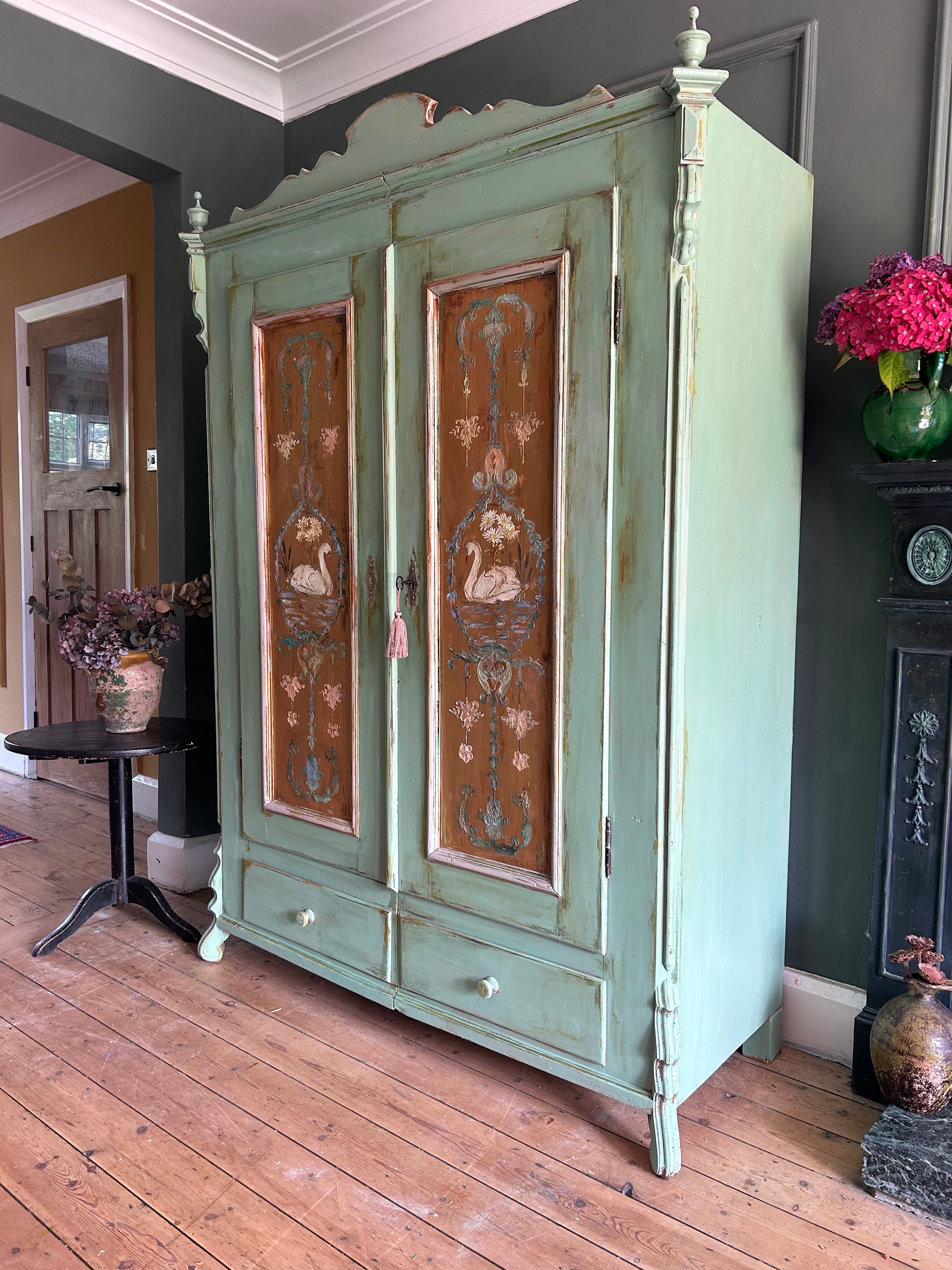 Vintage Painted Pine Wardrobe with Inlaid Swan Chinoiserie