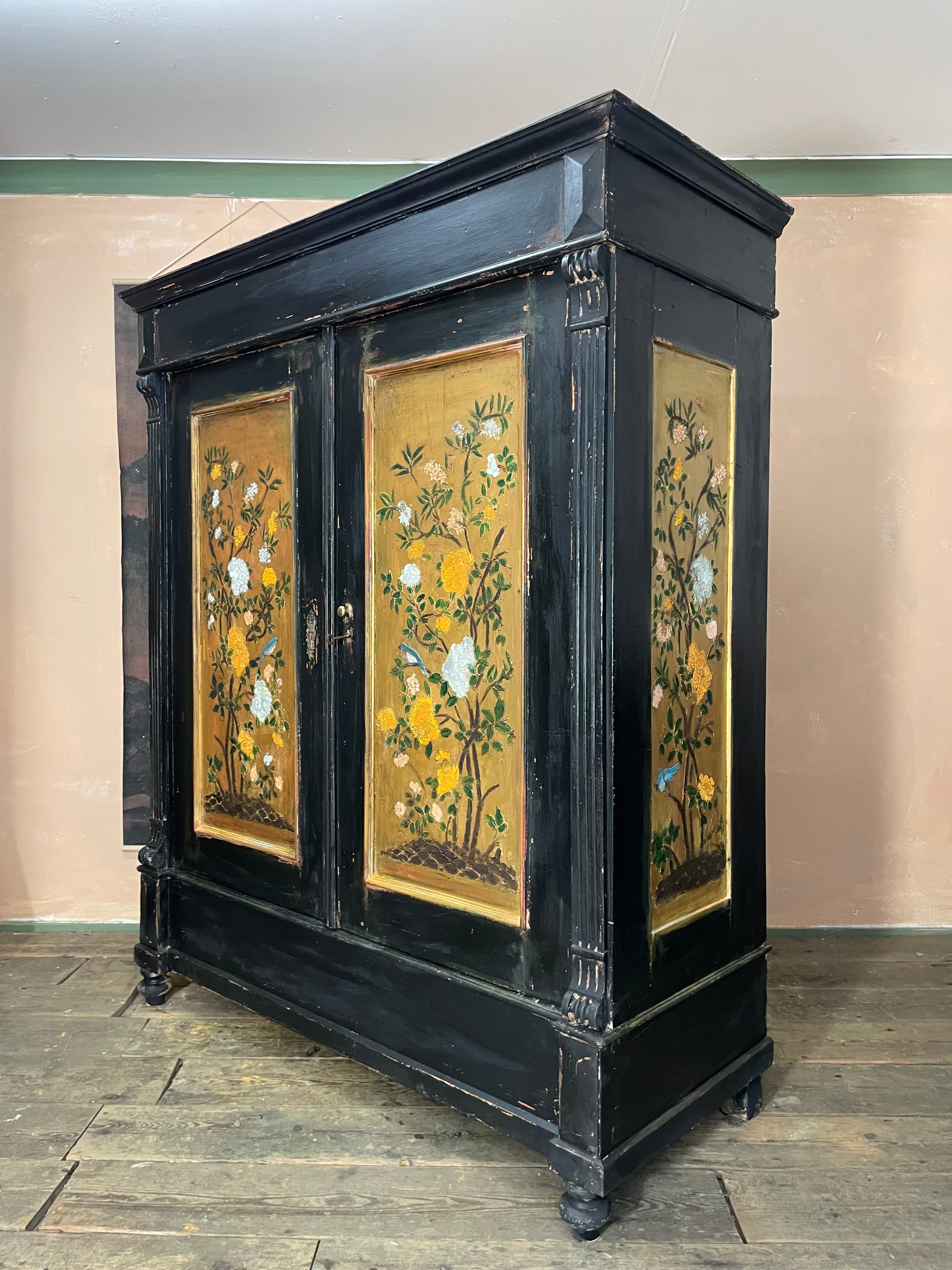 Vintage Painted Pine Wardrobe with Chinoiserie Panels