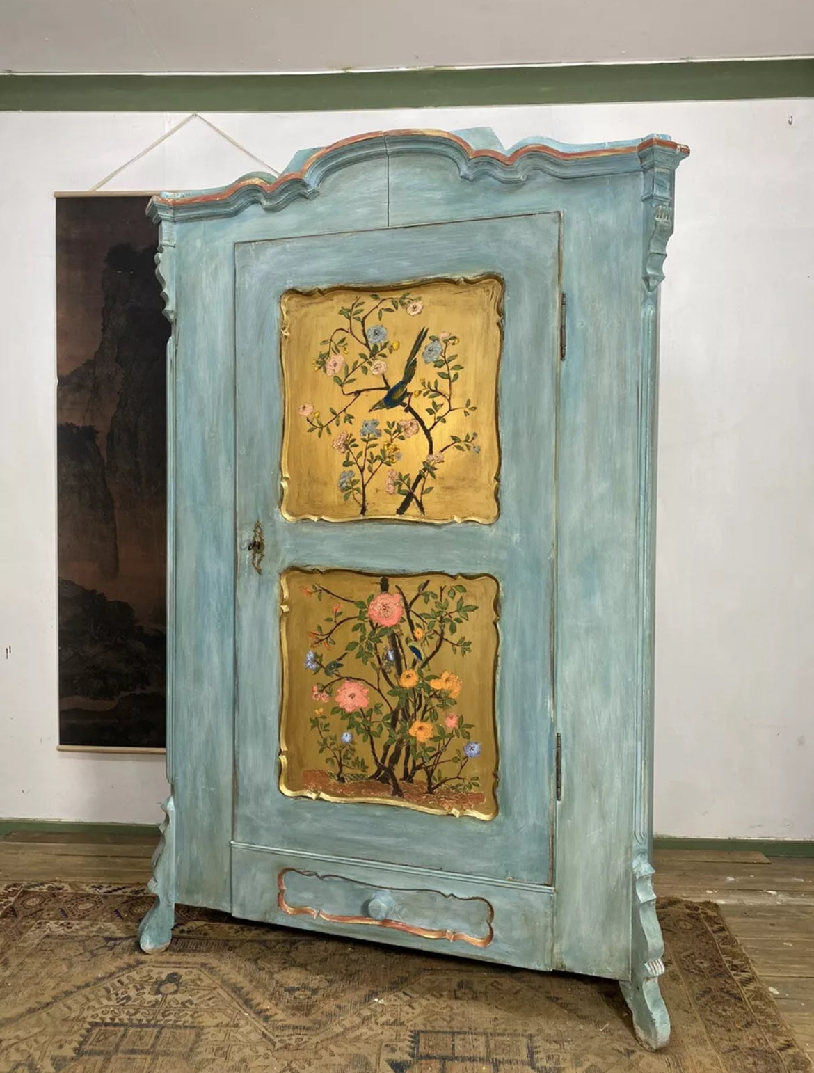Vintage Painted Pine Wardrobe with Inlaid Bird Chinoiserie