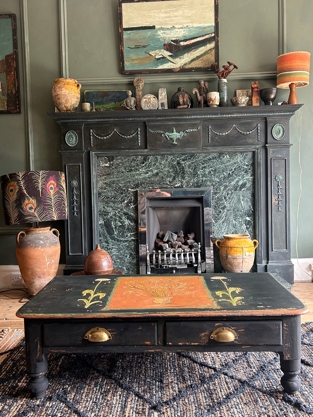 Vintage Folk Art Painted Coffee Table