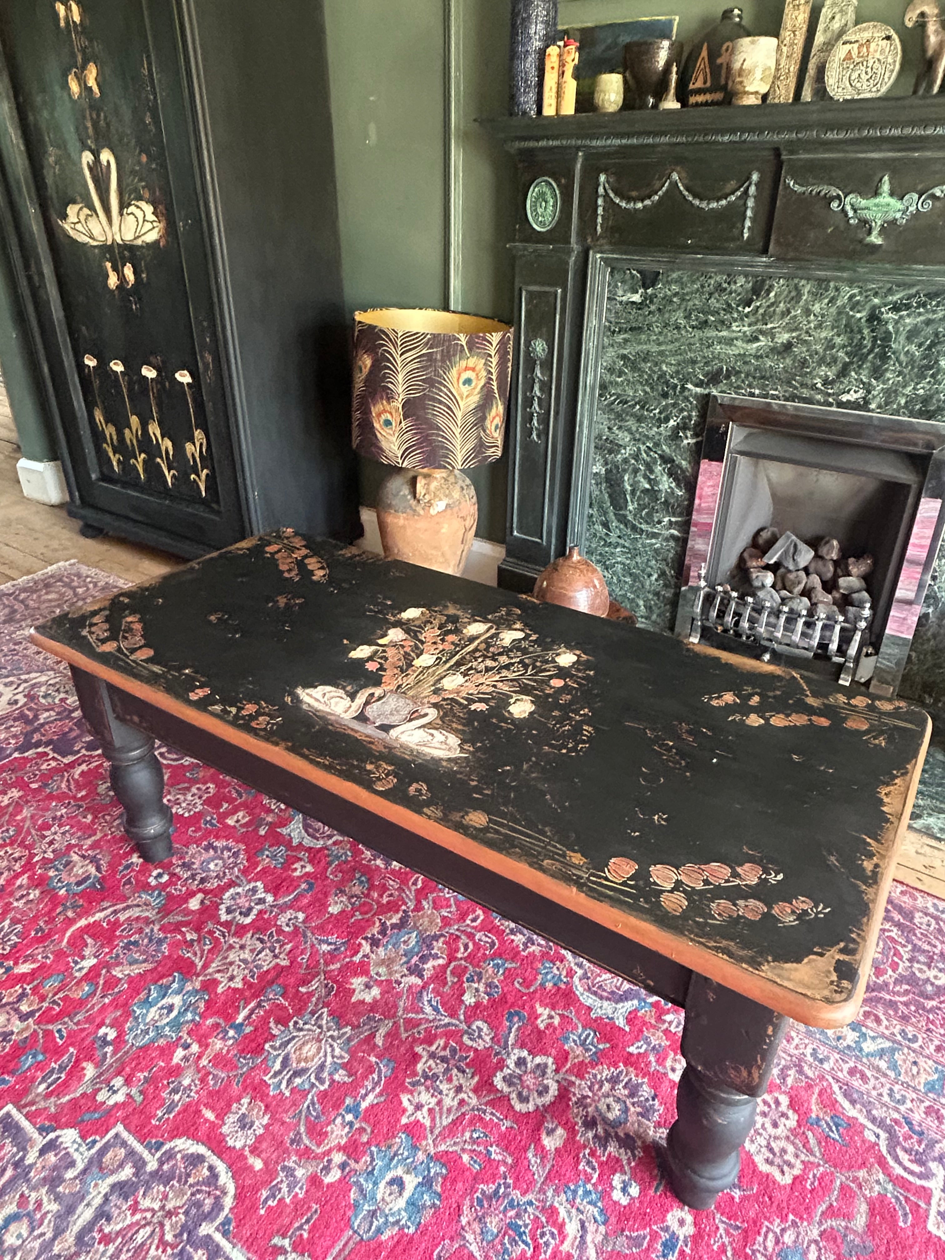 Vintage Painted Coffee Table with Folk Art Design