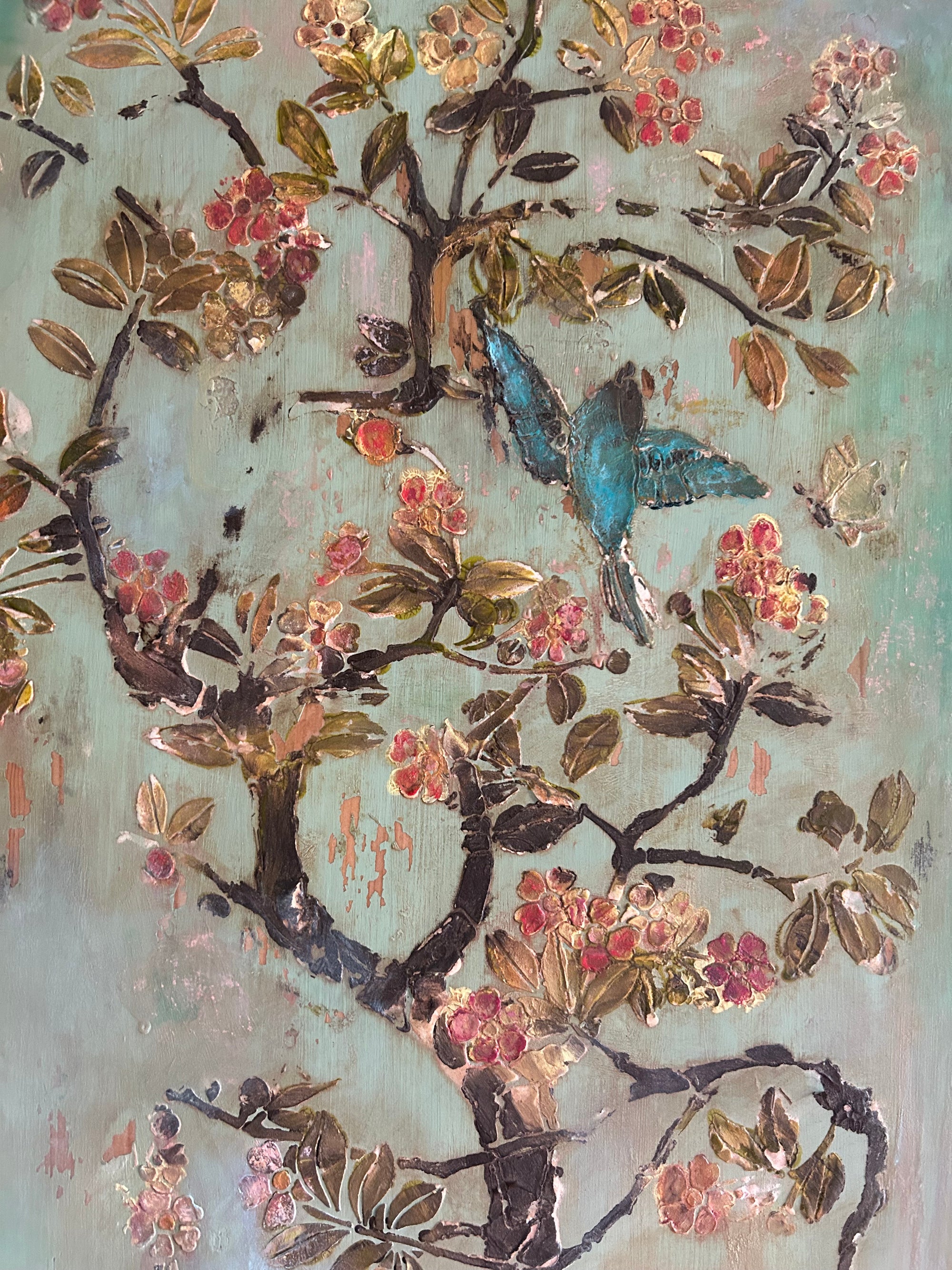 Vintage Painted Pine Armoire with Inlaid Chinoiserie