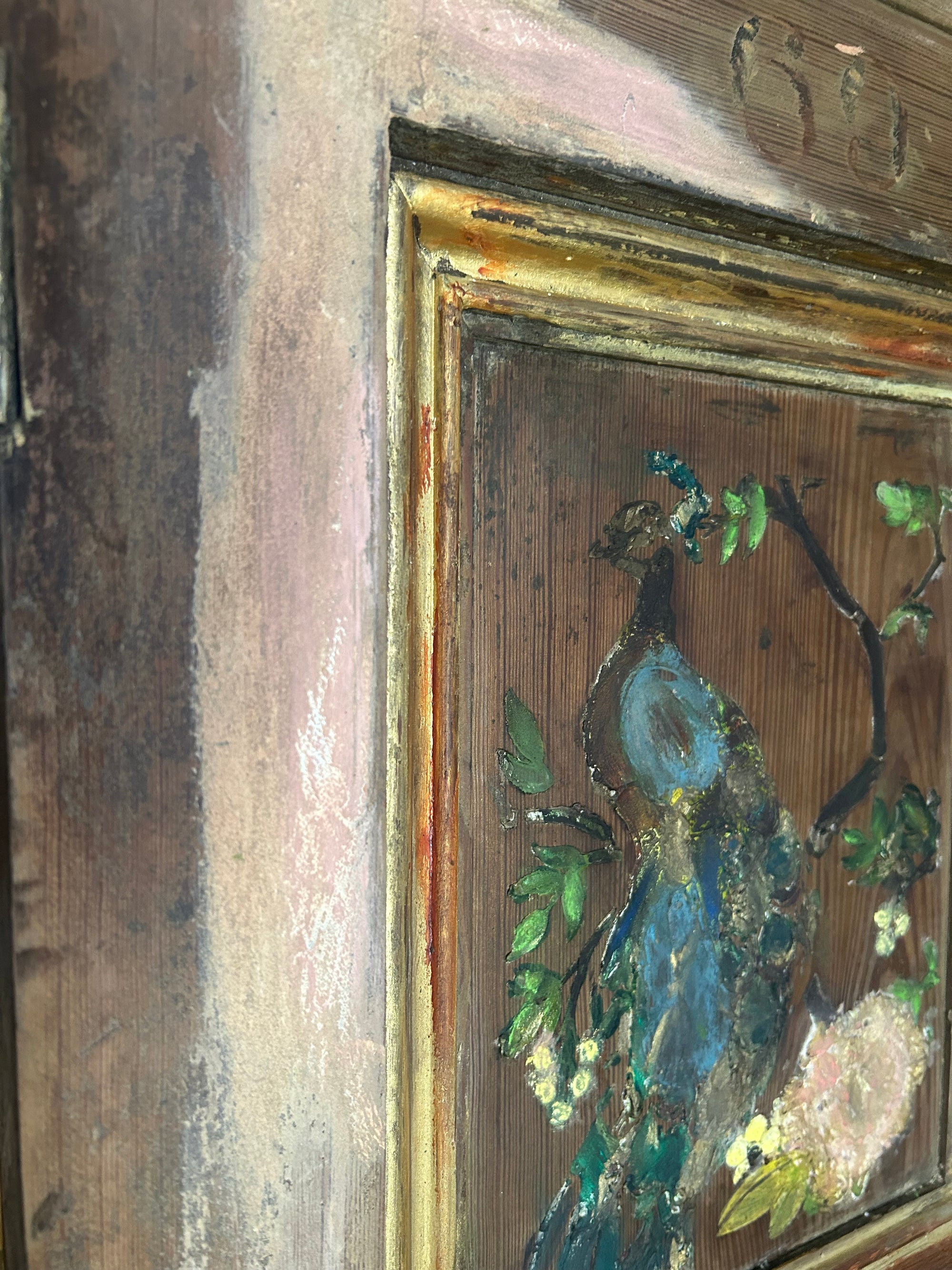 Reclaimed Church Pew Door with Inlaid Peacock