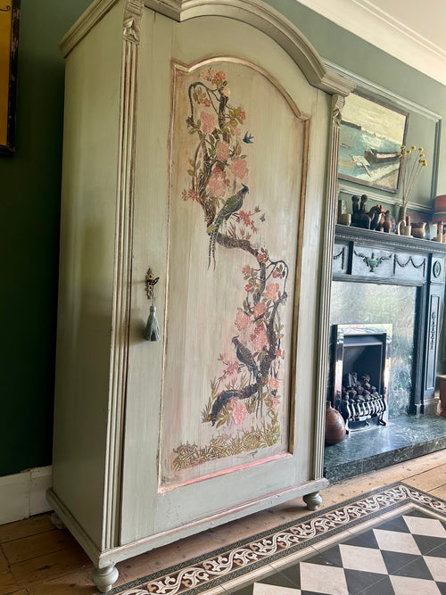 Antique Painted Pine Armoire with Chinoiserie Panel