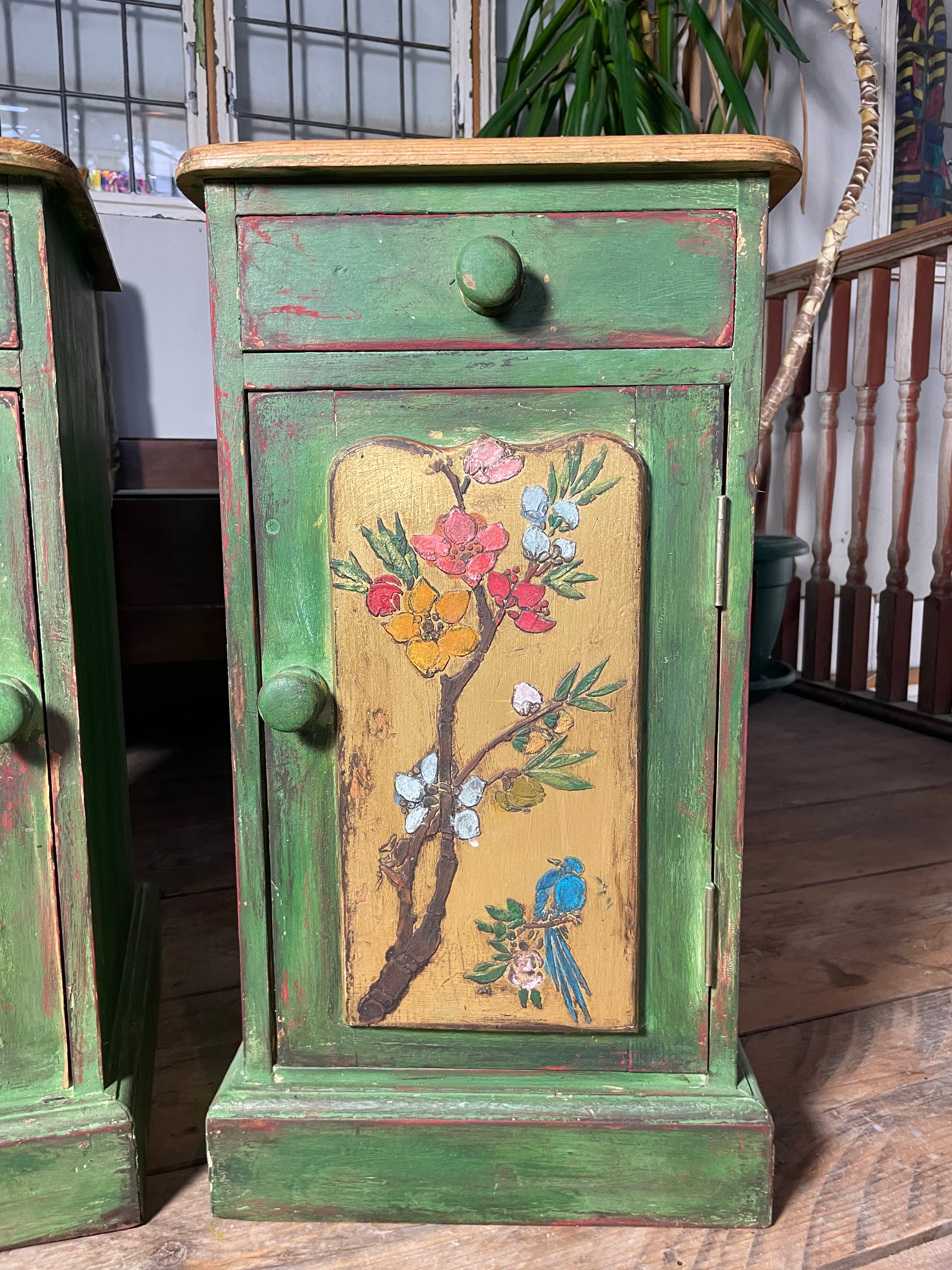 Vintage Painted Pine Bedside Tables with inlaid Chinoiserie