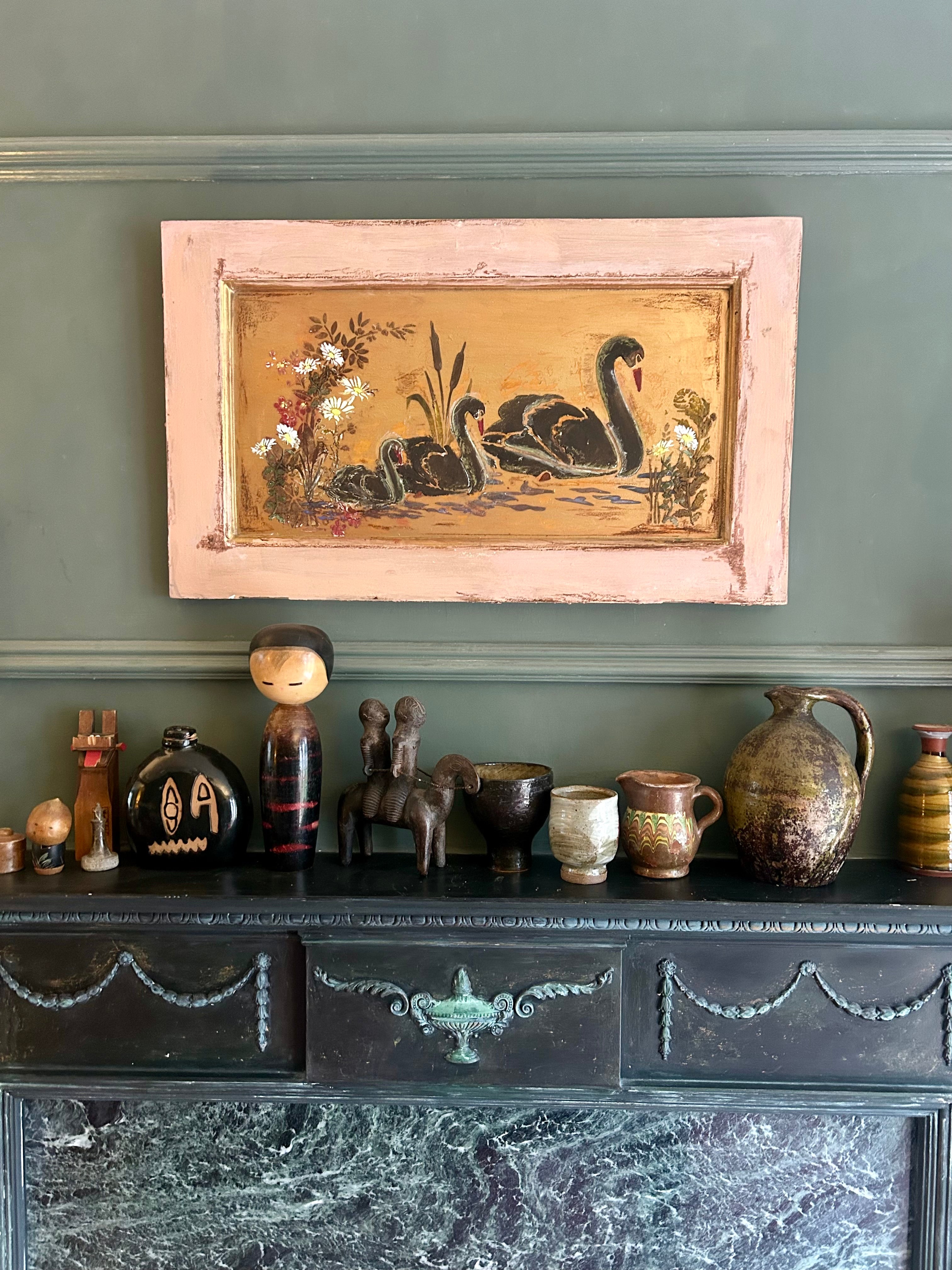 Reclaimed Door Wallhanging with Black Swan Chinoiserie