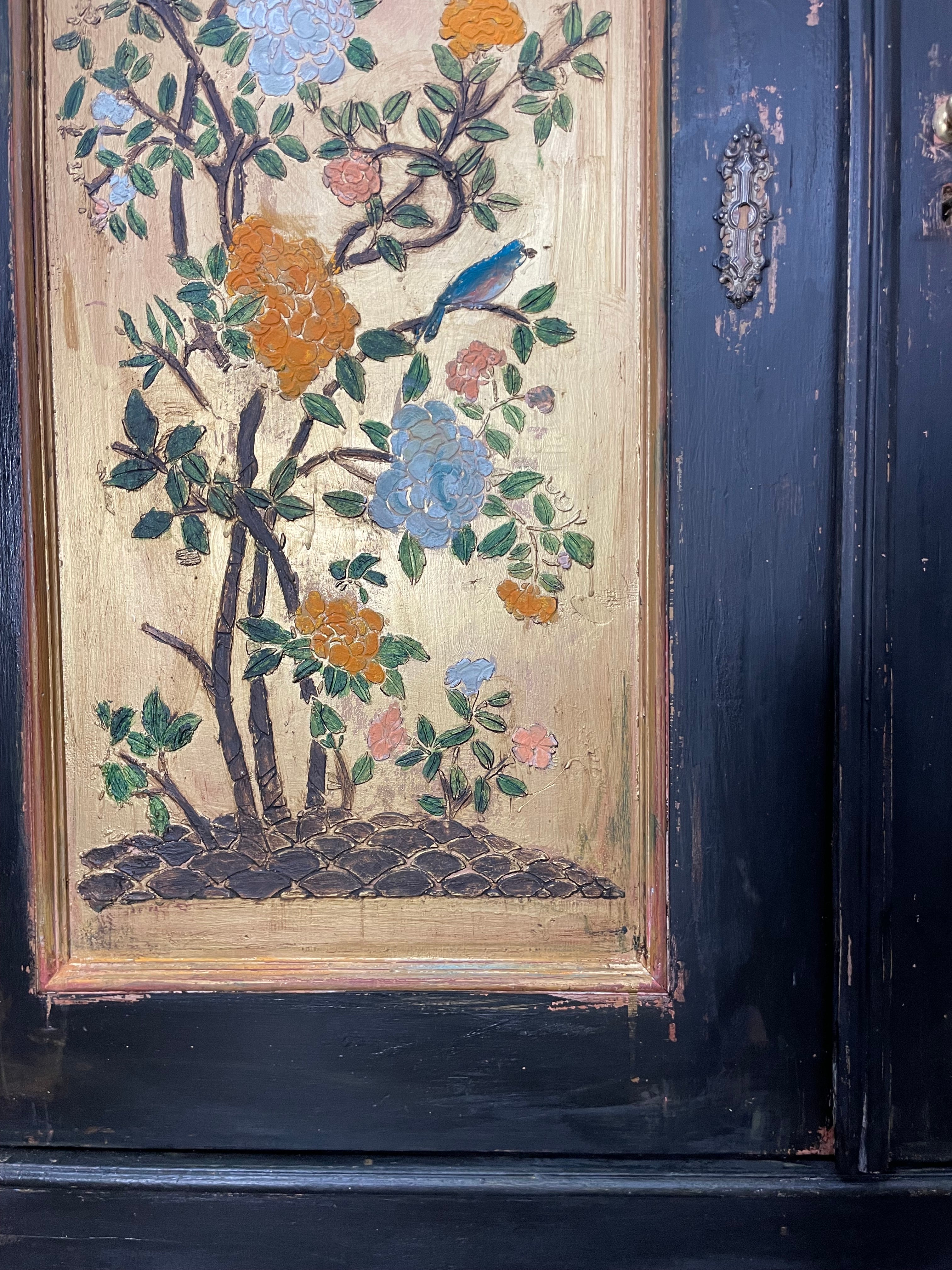 Vintage Painted Pine Wardrobe with Chinoiserie Panels