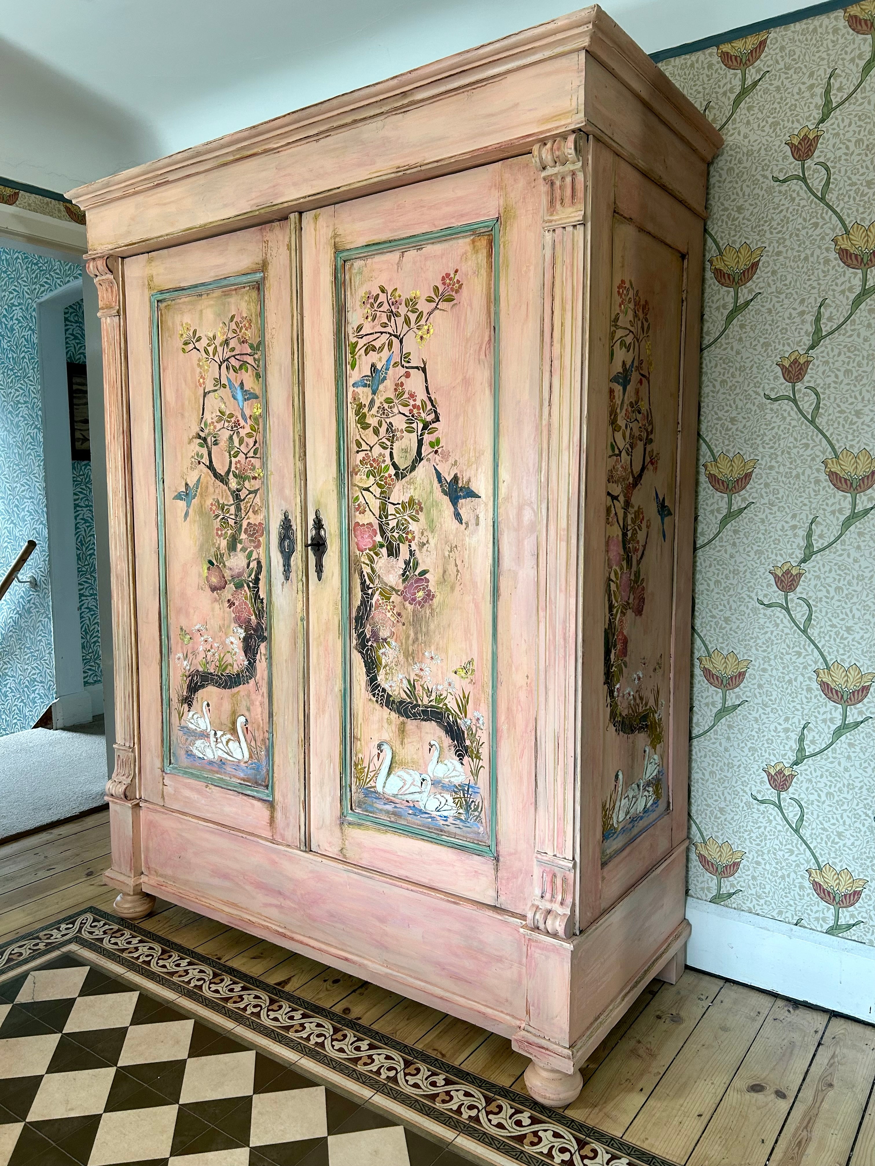 Vintage Painted French Wardrobe with Chinoiserie Panels