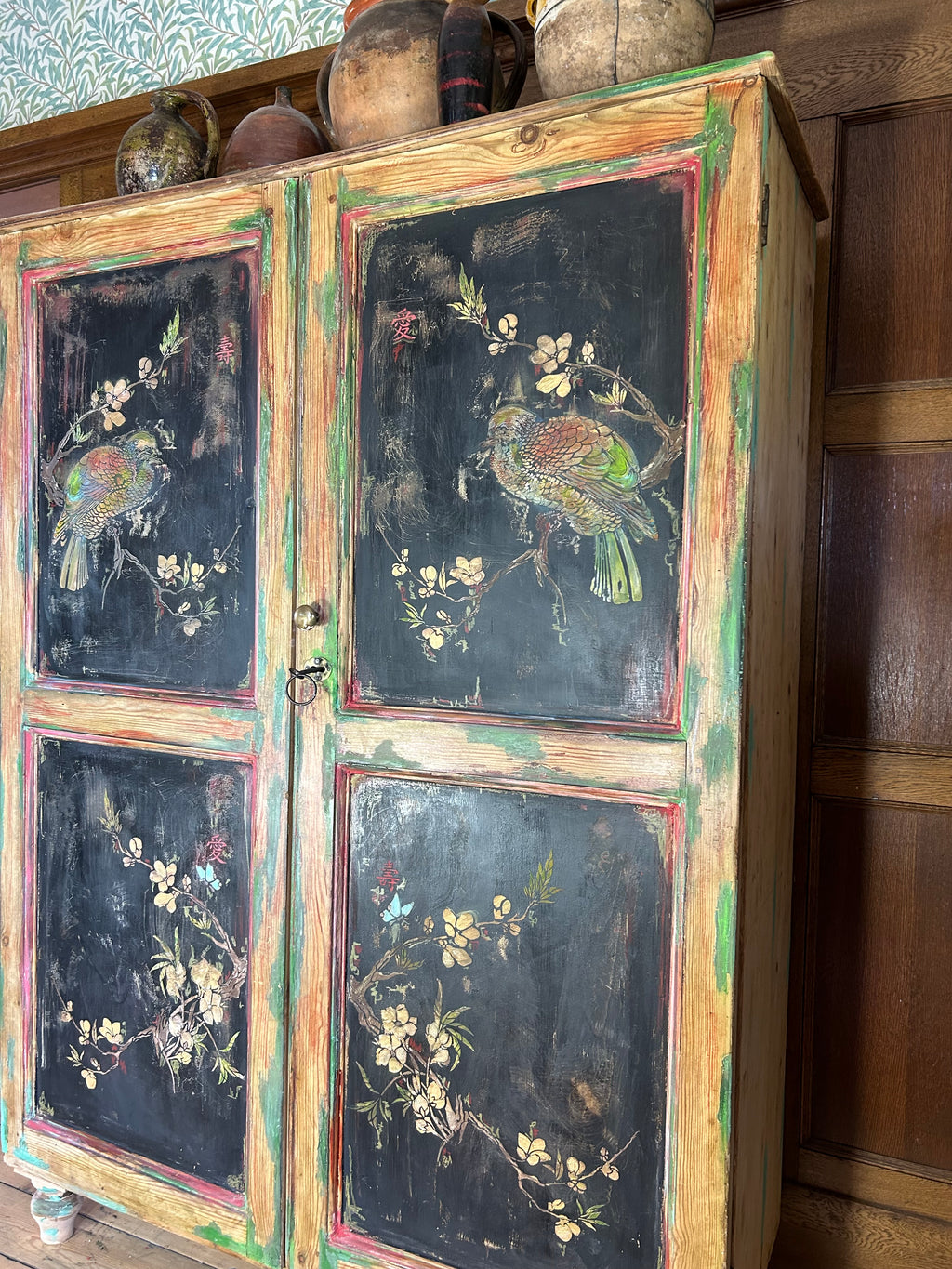 Vintage Painted Pine Linen Press with Inlaid Chinoiserie. RESERVED
