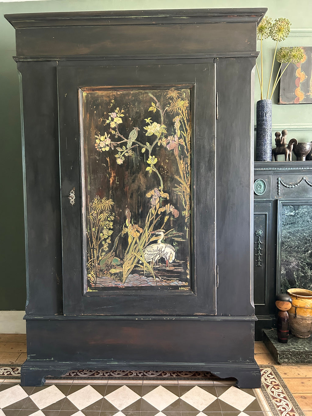 Vintage Painted Pine Armoire with Chinoiserie Panels