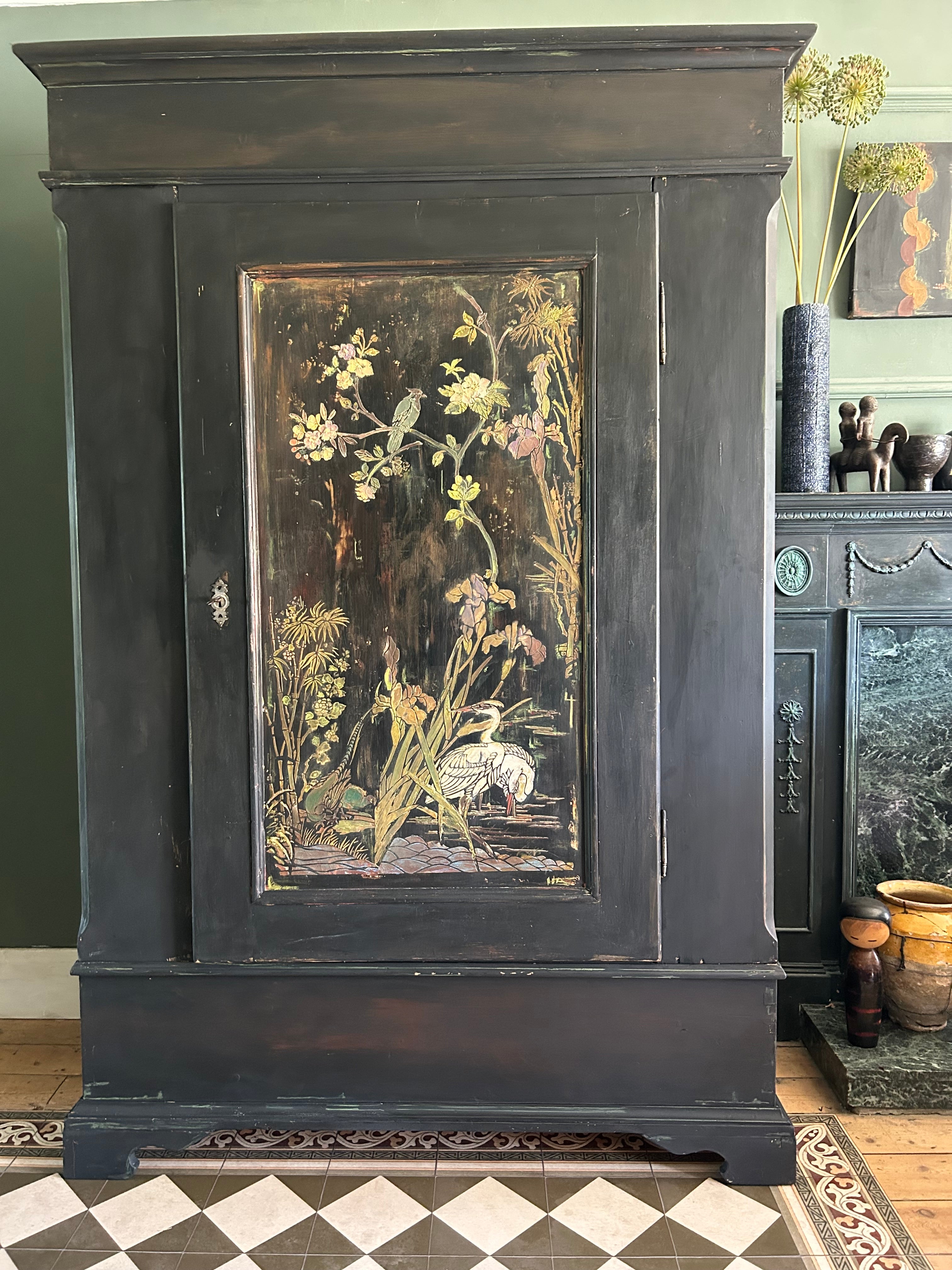 Vintage Painted Pine Armoire with Chinoiserie Panels