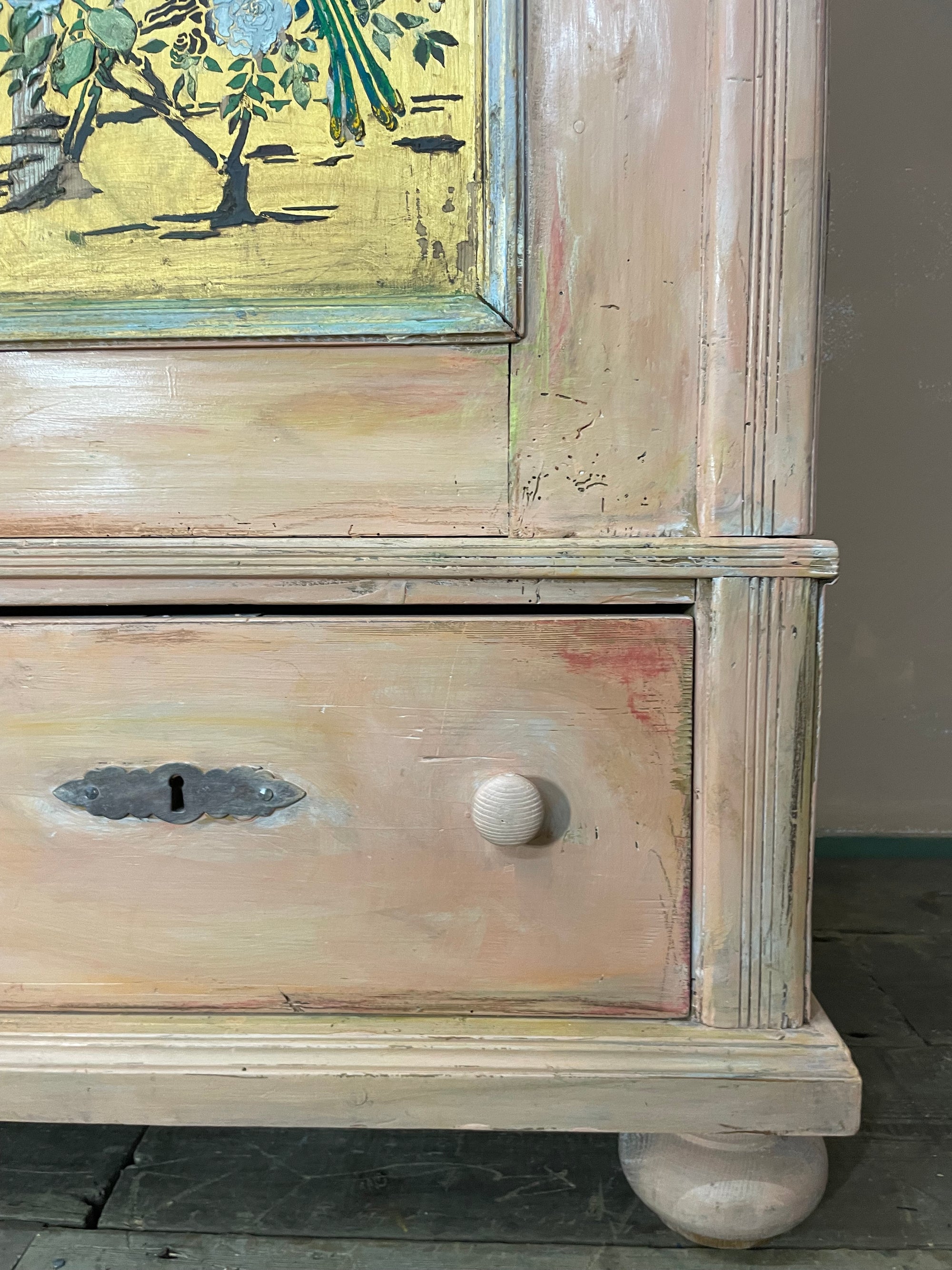 Vintage/ Antique Painted Pine Wardrobe with Inlaid Chinoiserie Panels