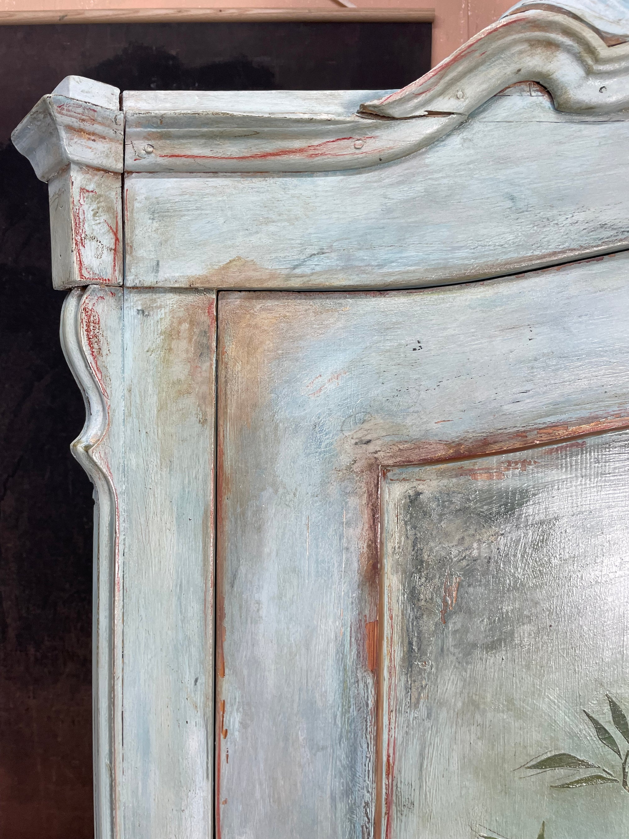 Vintage Painted Pine Wardrobe/ Linen Press with Chinoiserie Panel
