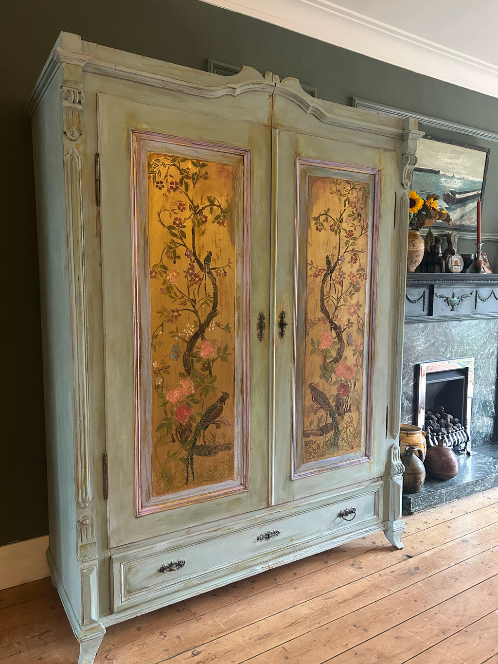 Vintage Painted Wardrobe with Inlaid Chinoiserie