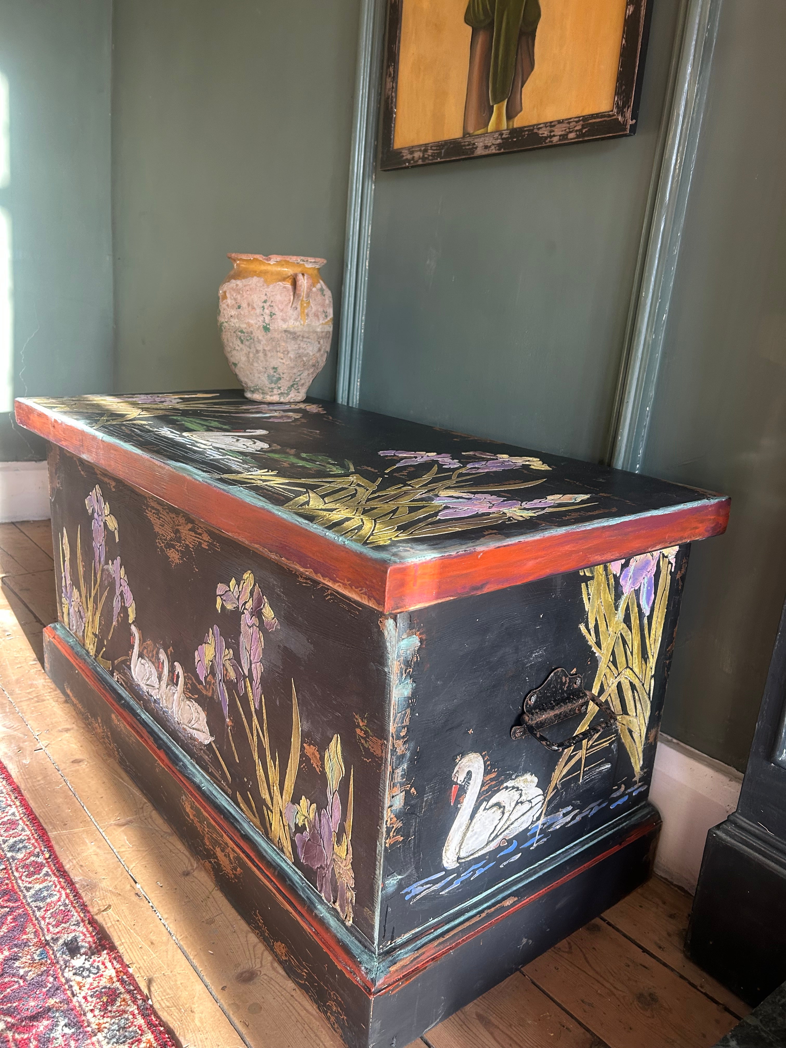 Vintage Painted Blanket Box with Swan Chinoiserie