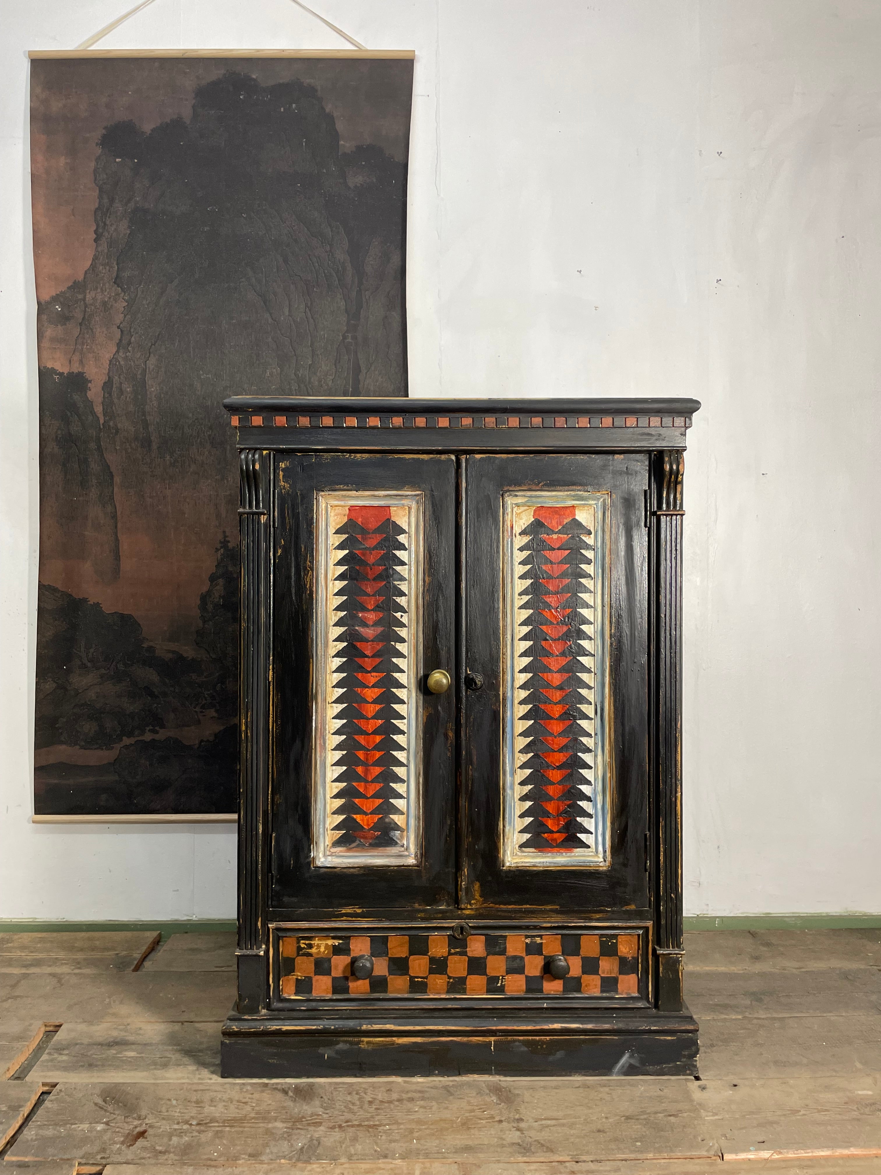 Vintage Painted Pine Folk Art Cupboard