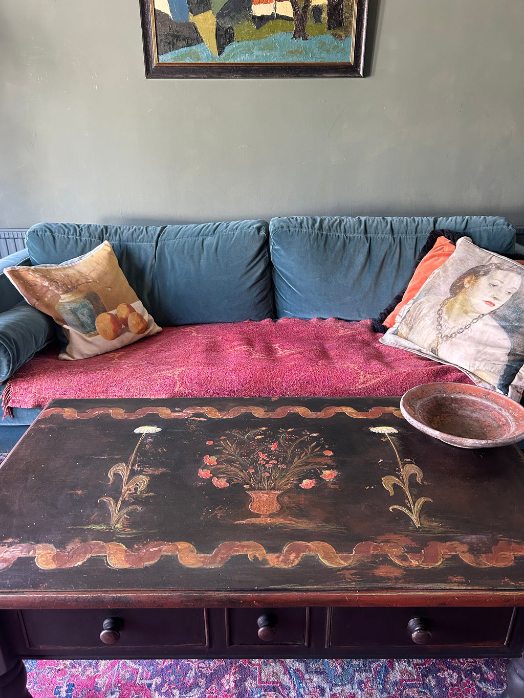 Vintage Painted Coffee Table with Folk Art Design