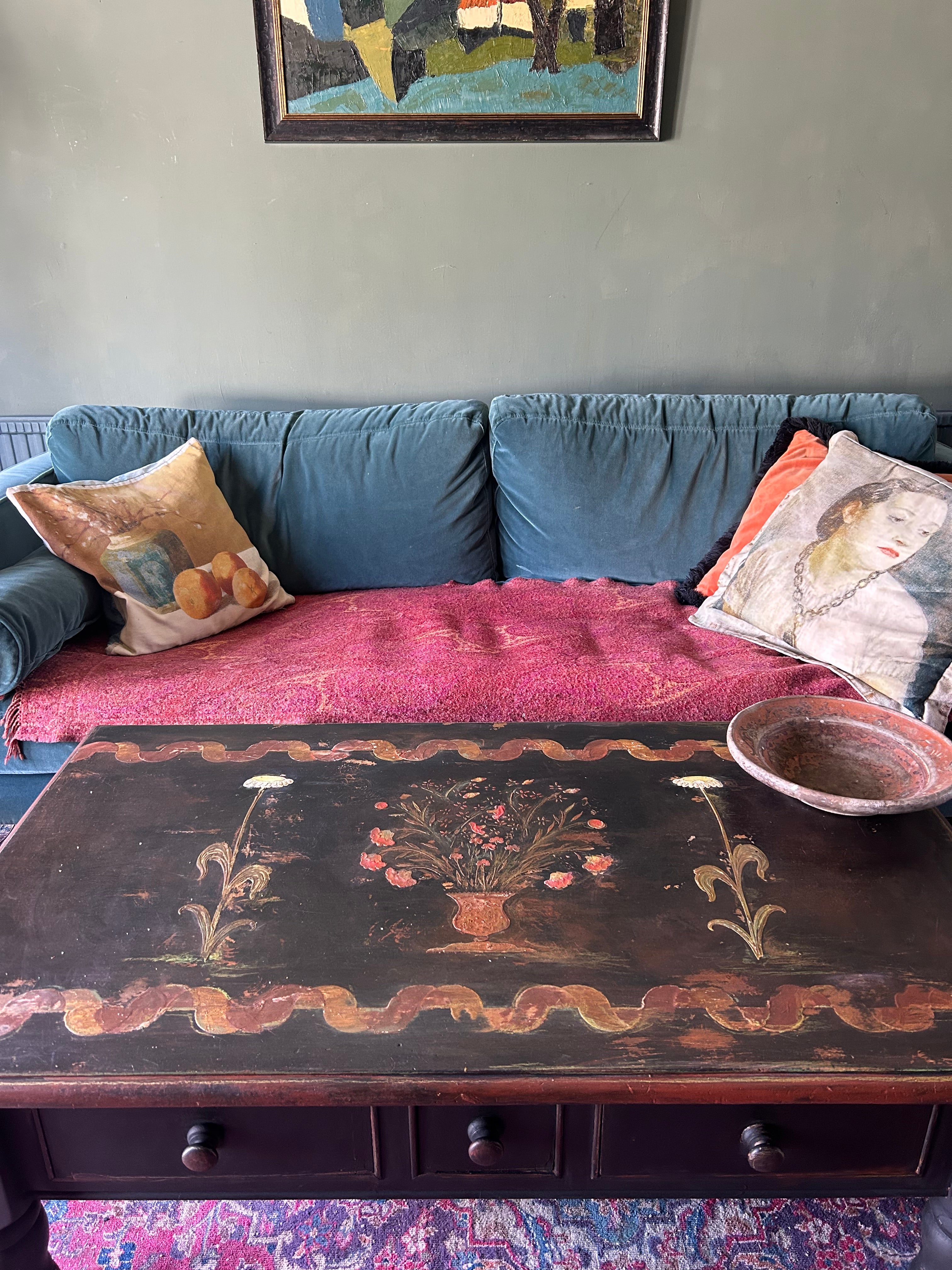 Vintage Painted Coffee Table with Folk Art Design