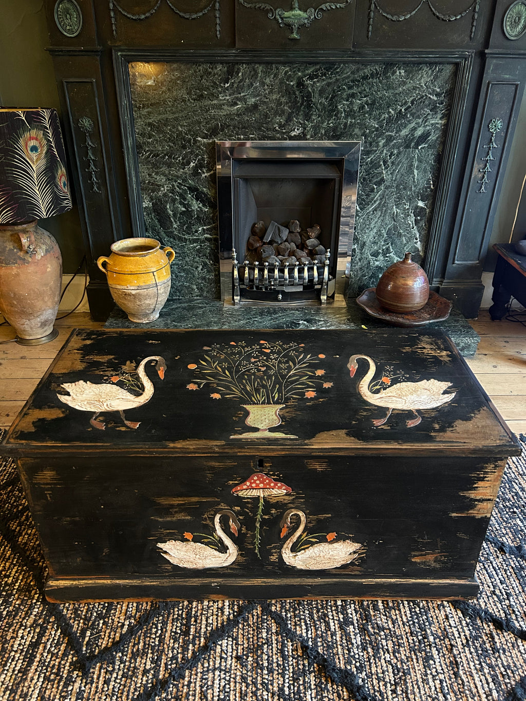 Vintage Painted Blanket Box with Folk Art Swans