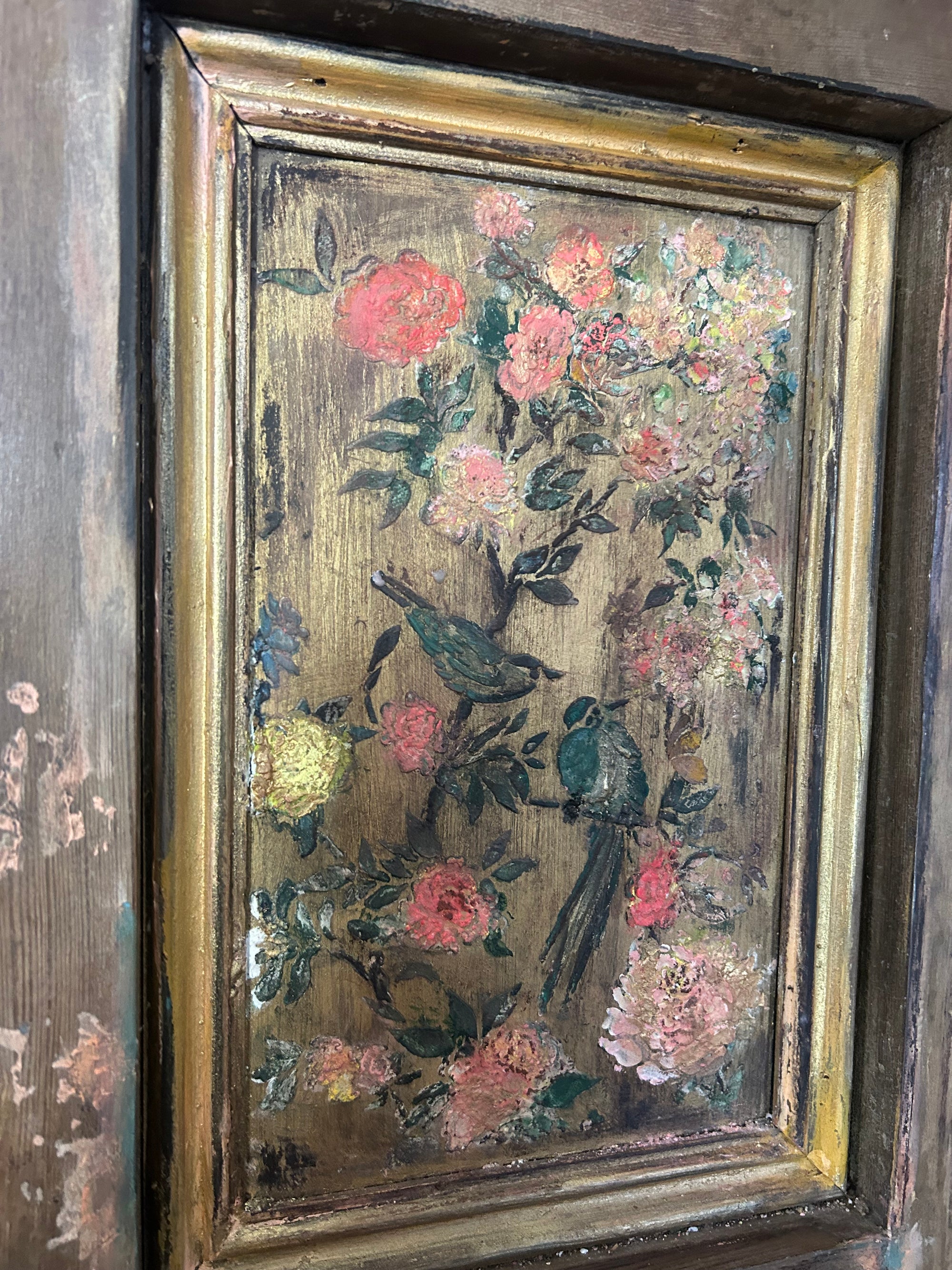 Reclaimed Church Pew Door Wallhanging with Inlaid Chinoiserie