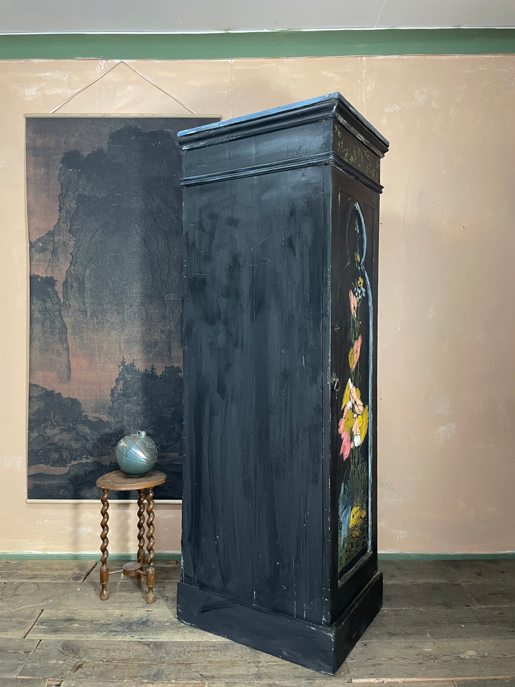 Vintage Painted Pine Cupboard with Chinoiserie Design
