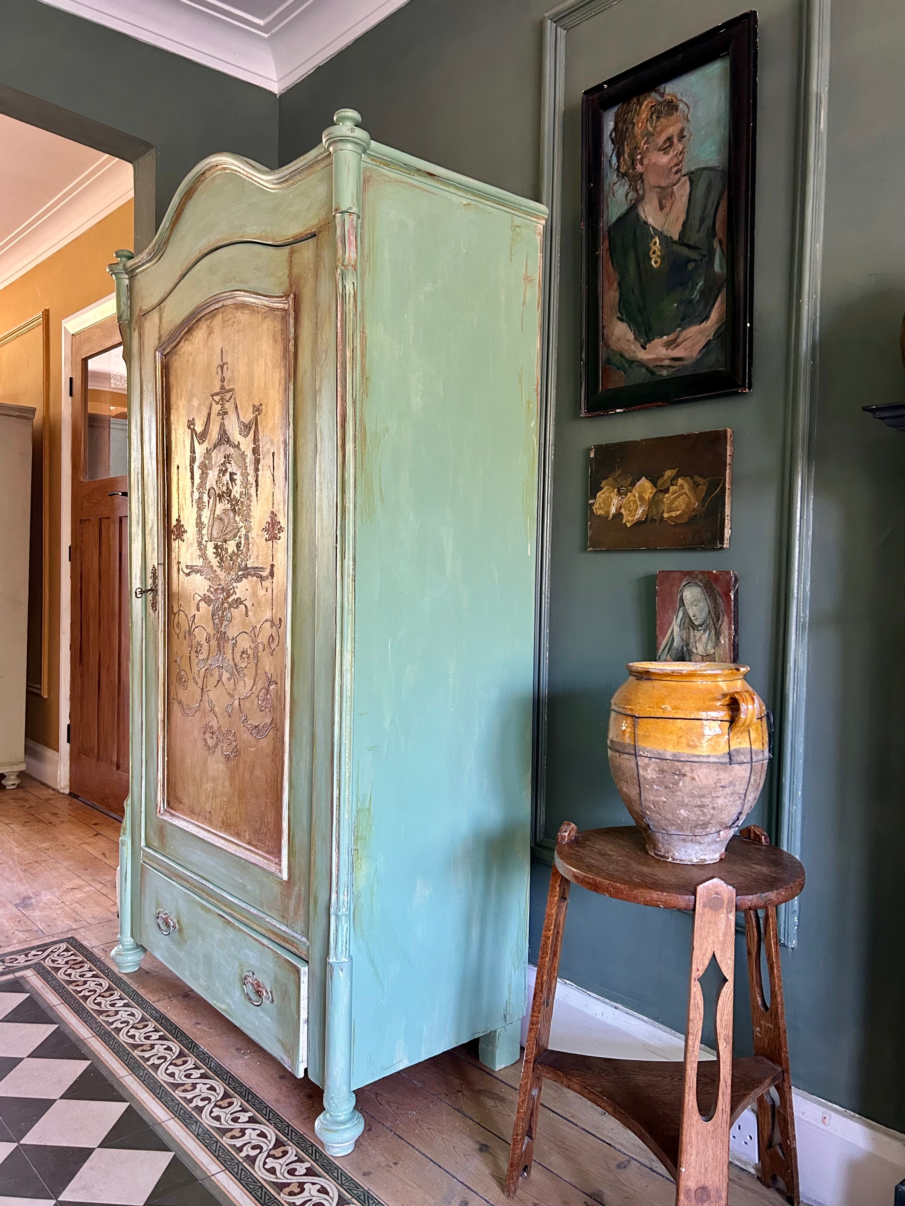 Vintage Painted Pine Armoire with Swan and Daisy Chinoiserie