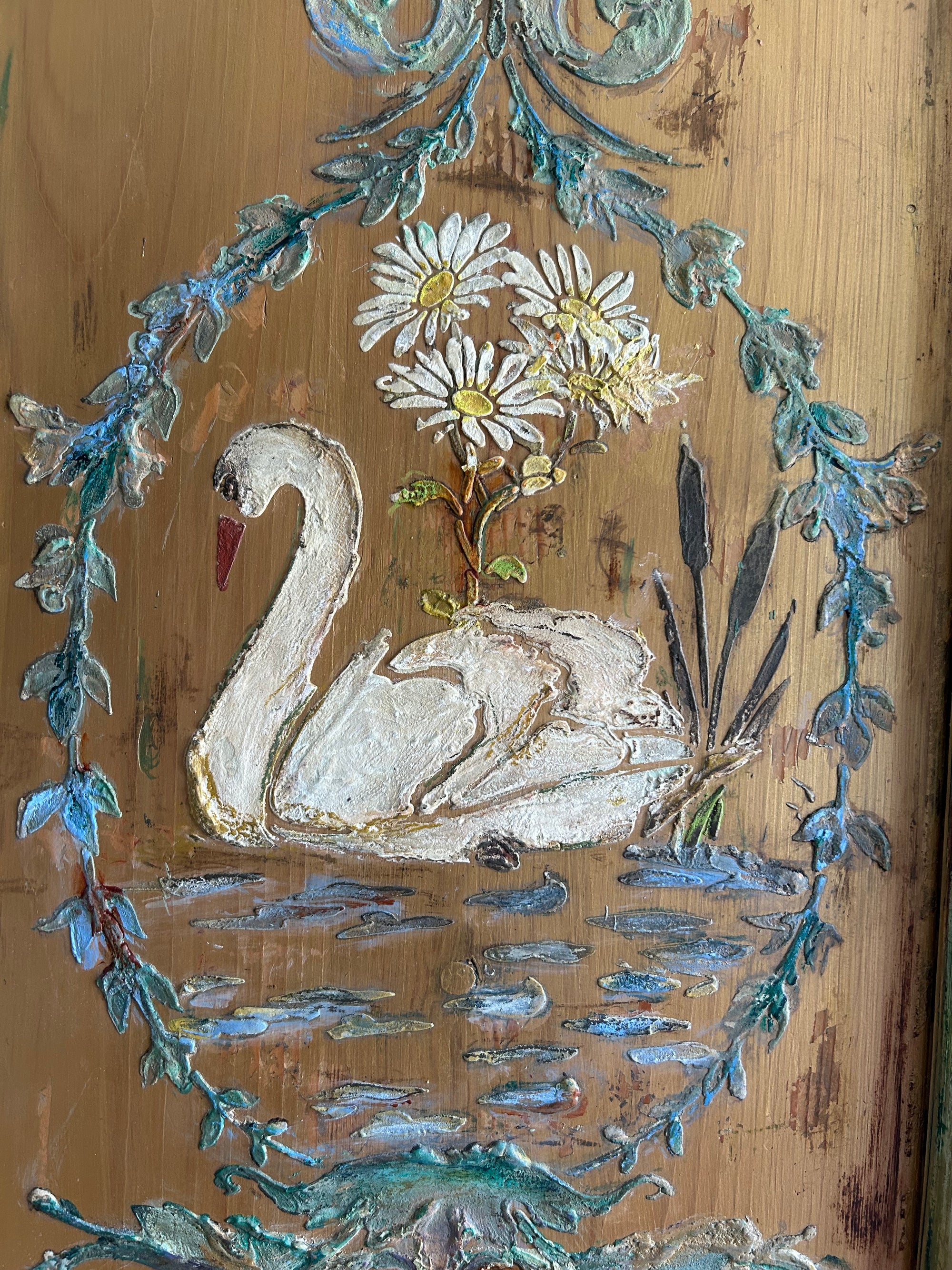 Vintage Painted Pine Wardrobe with Inlaid Swan Chinoiserie