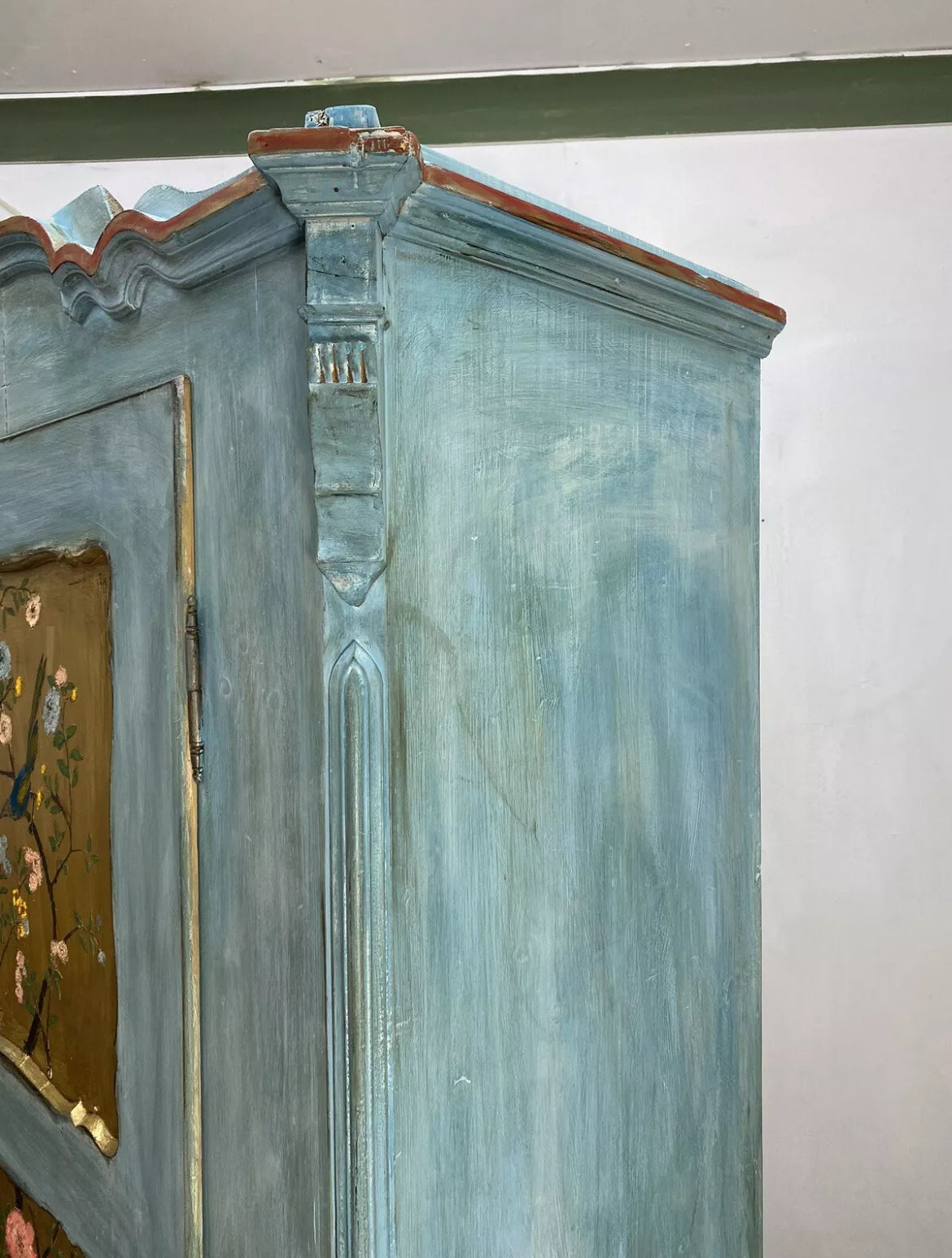 Vintage Painted Pine Wardrobe with Inlaid Bird Chinoiserie
