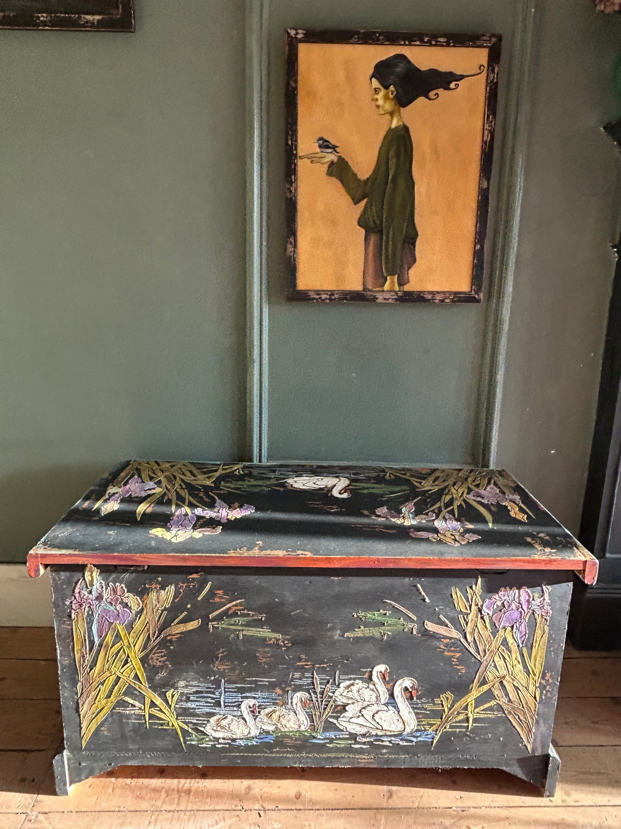Vintage Painted Blanket Box with Swan Chinoiserie