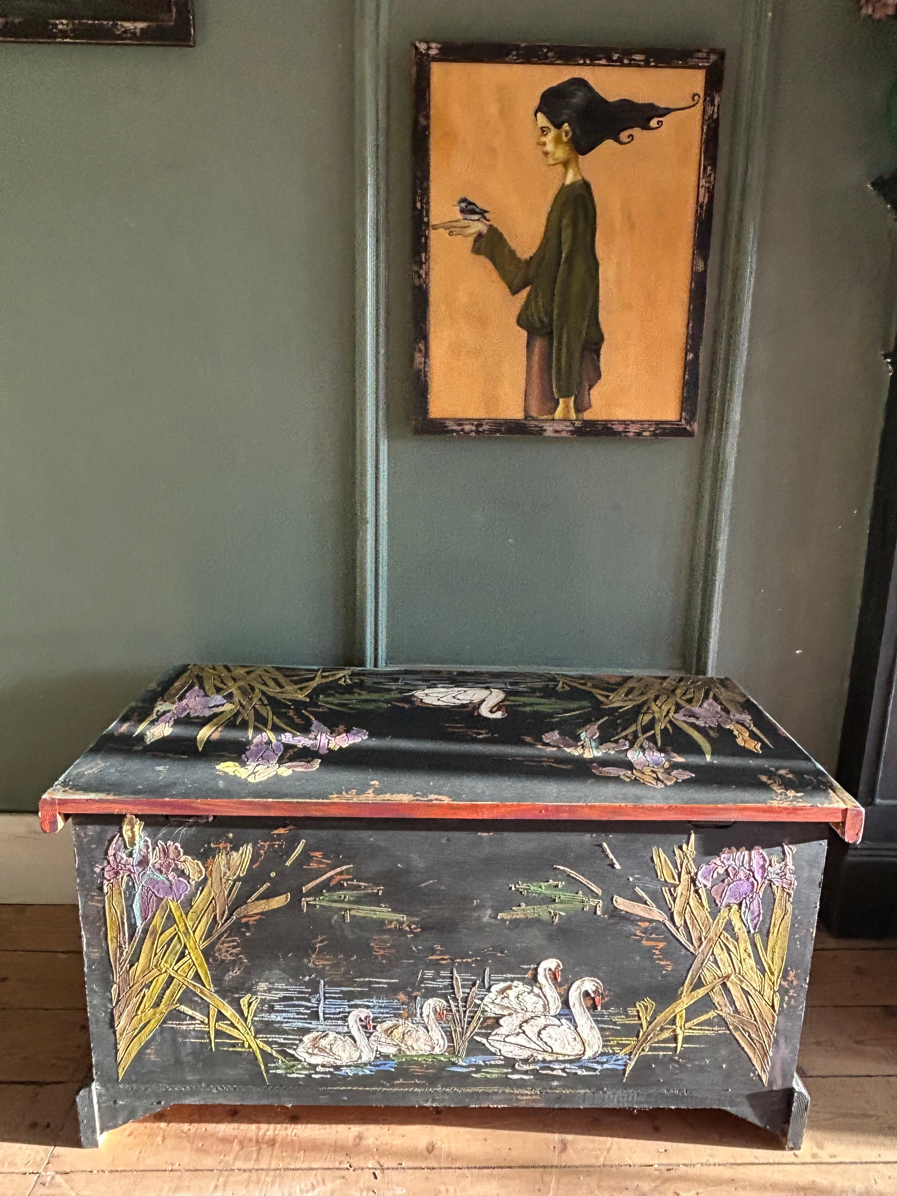Vintage Painted Blanket Box with Swan Chinoiserie