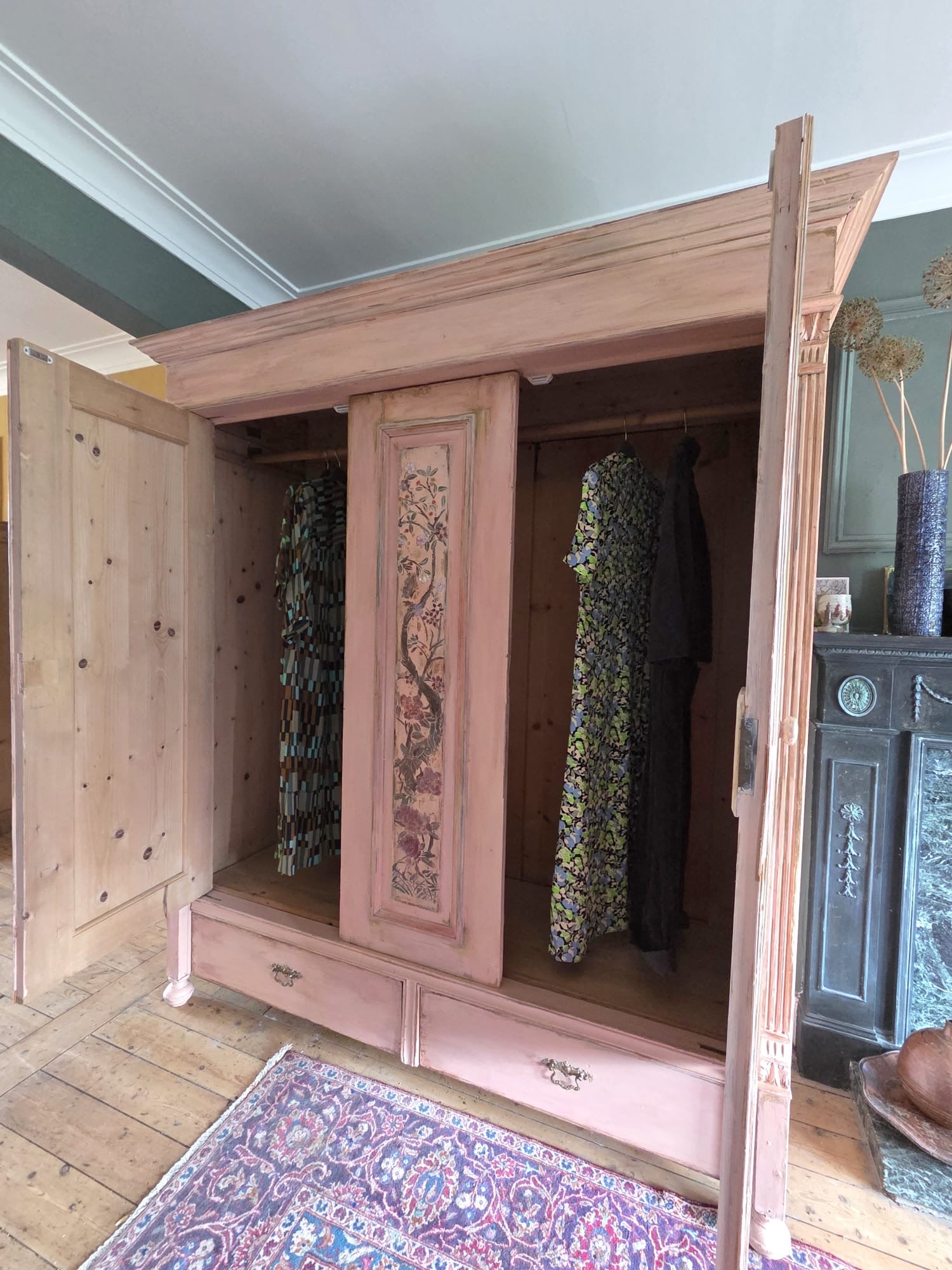 Painted Pine Triple wardrobe with Chinoiserie Panels
