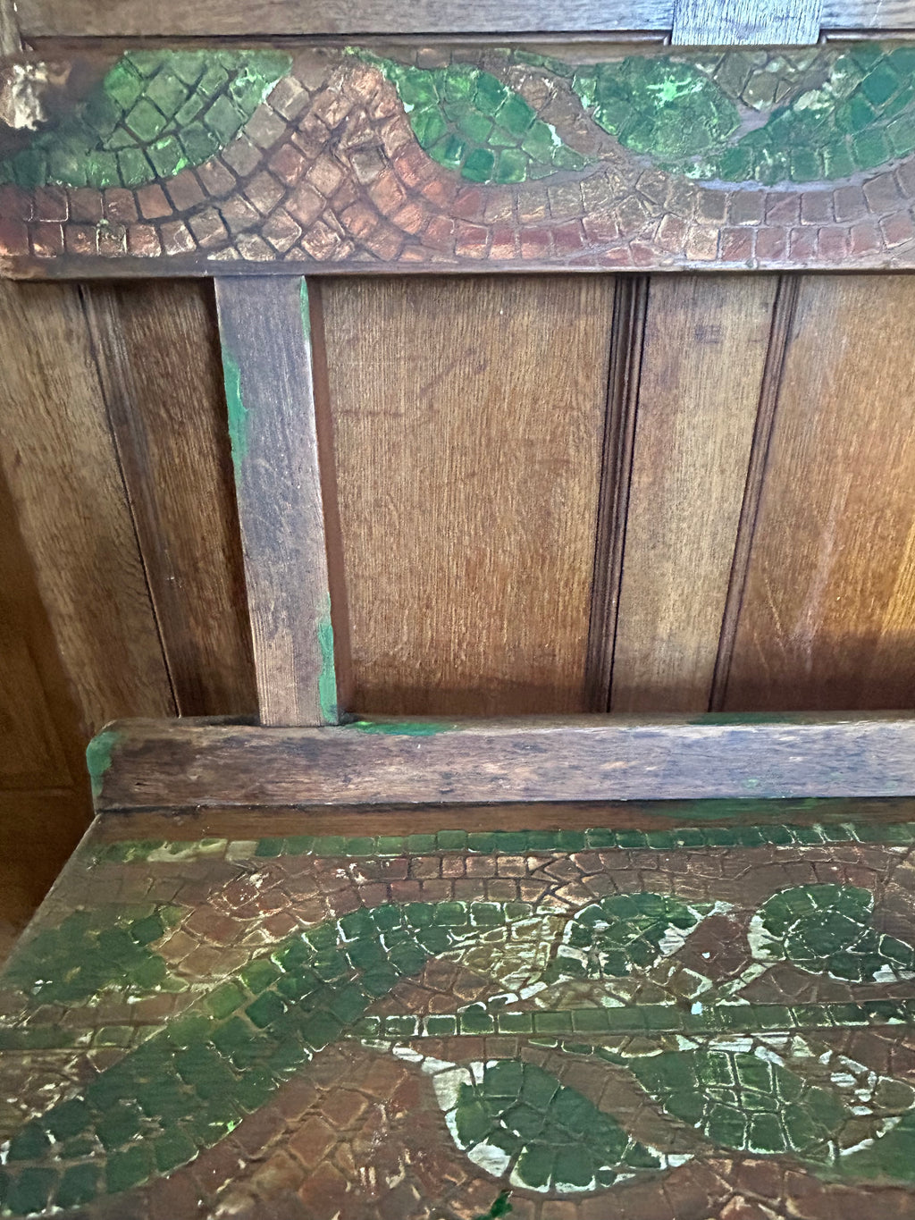 Vintage Painted Oak Bench with Inlaid Design