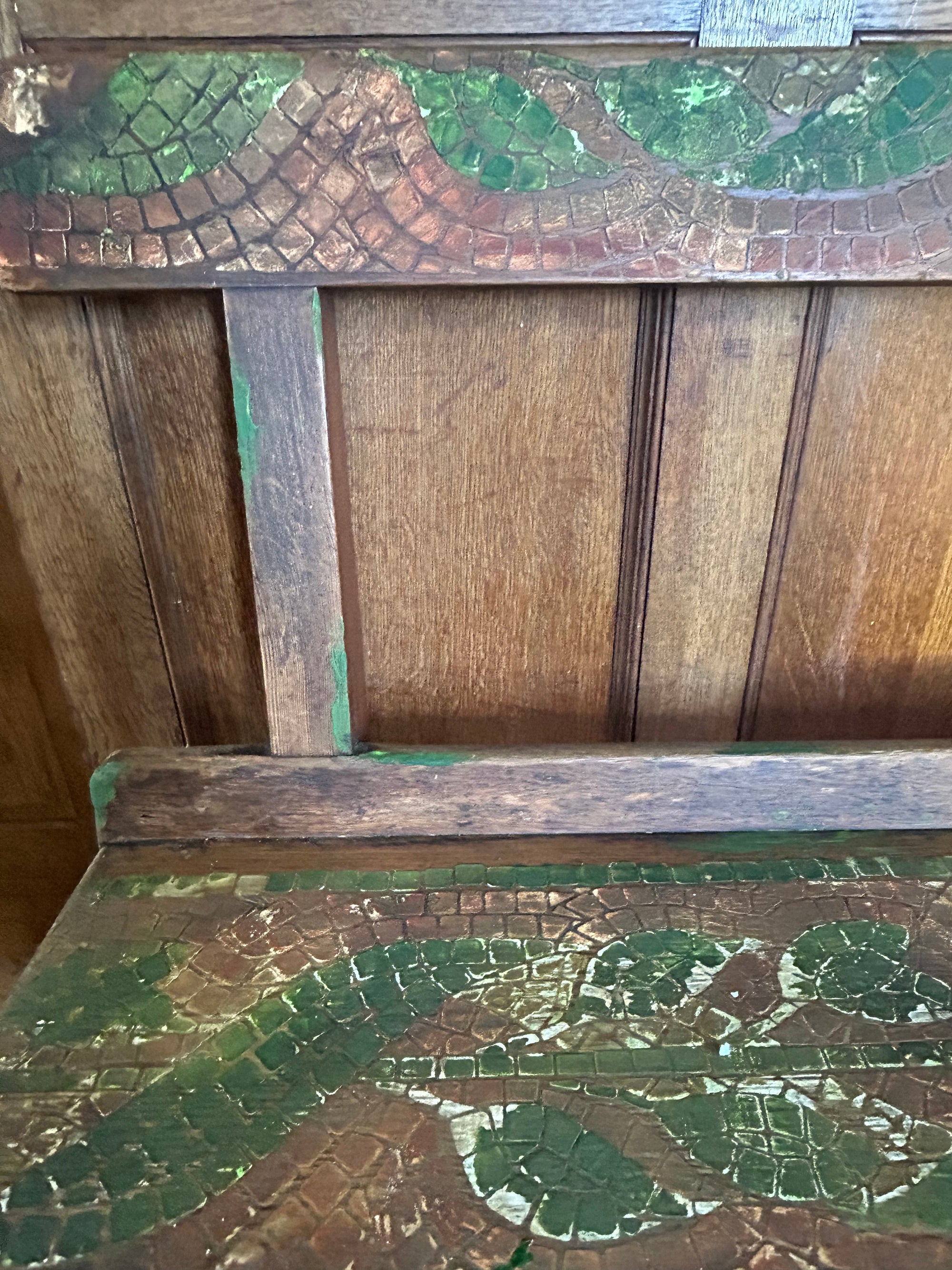 Vintage Painted Oak Bench with Inlaid Design