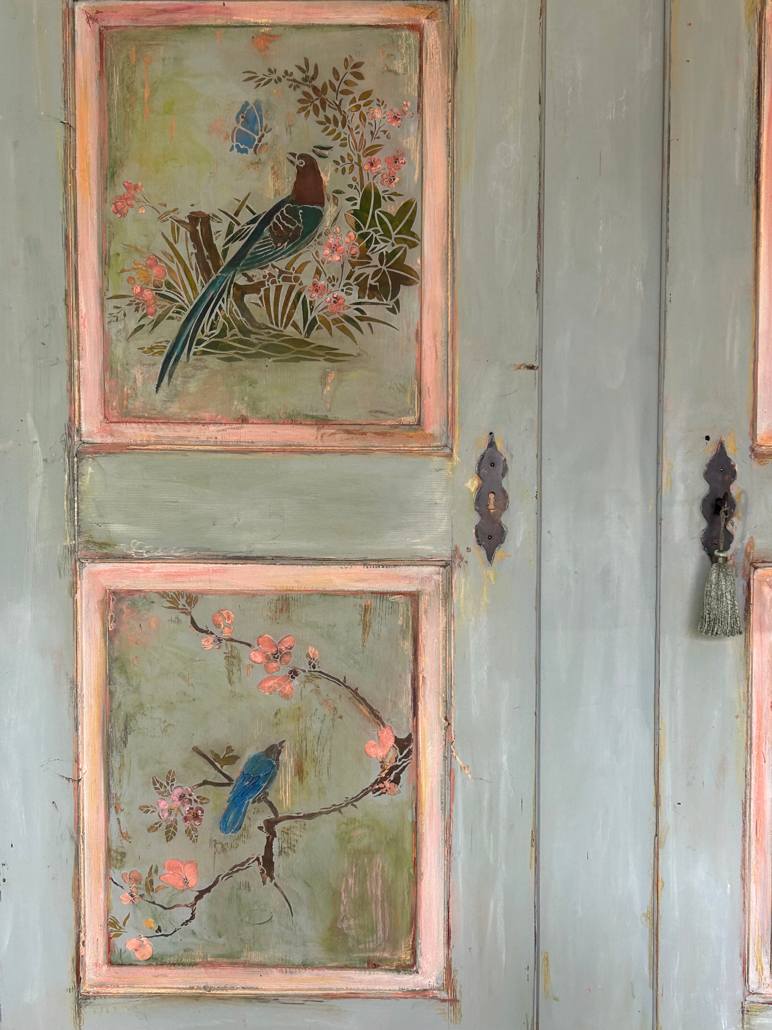 Large Vintage Painted Pine Double Wardrobe with Inlaid Chinoiserie