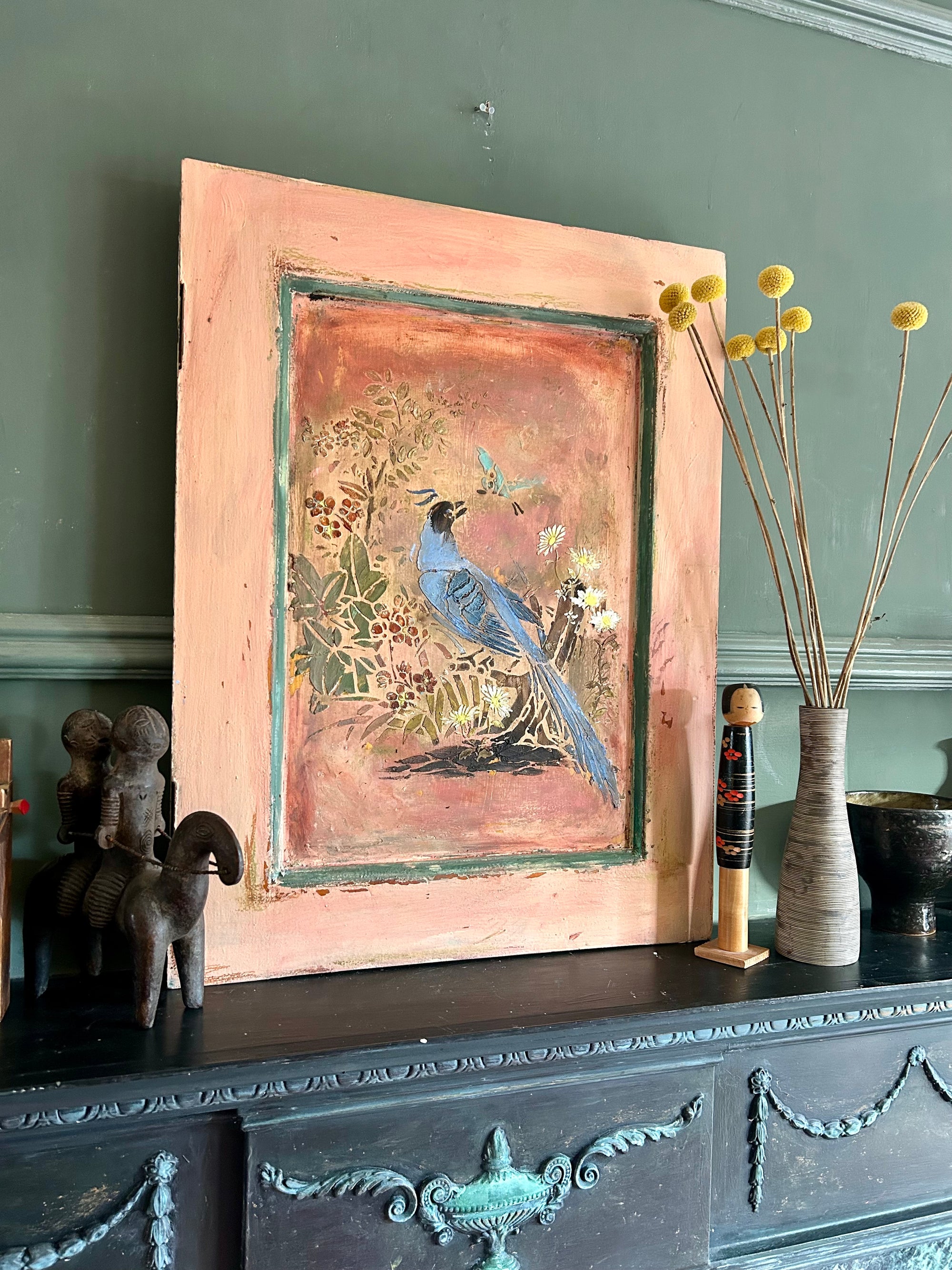 Reclaimed Door Wallhanging with Bird Chinoiserie