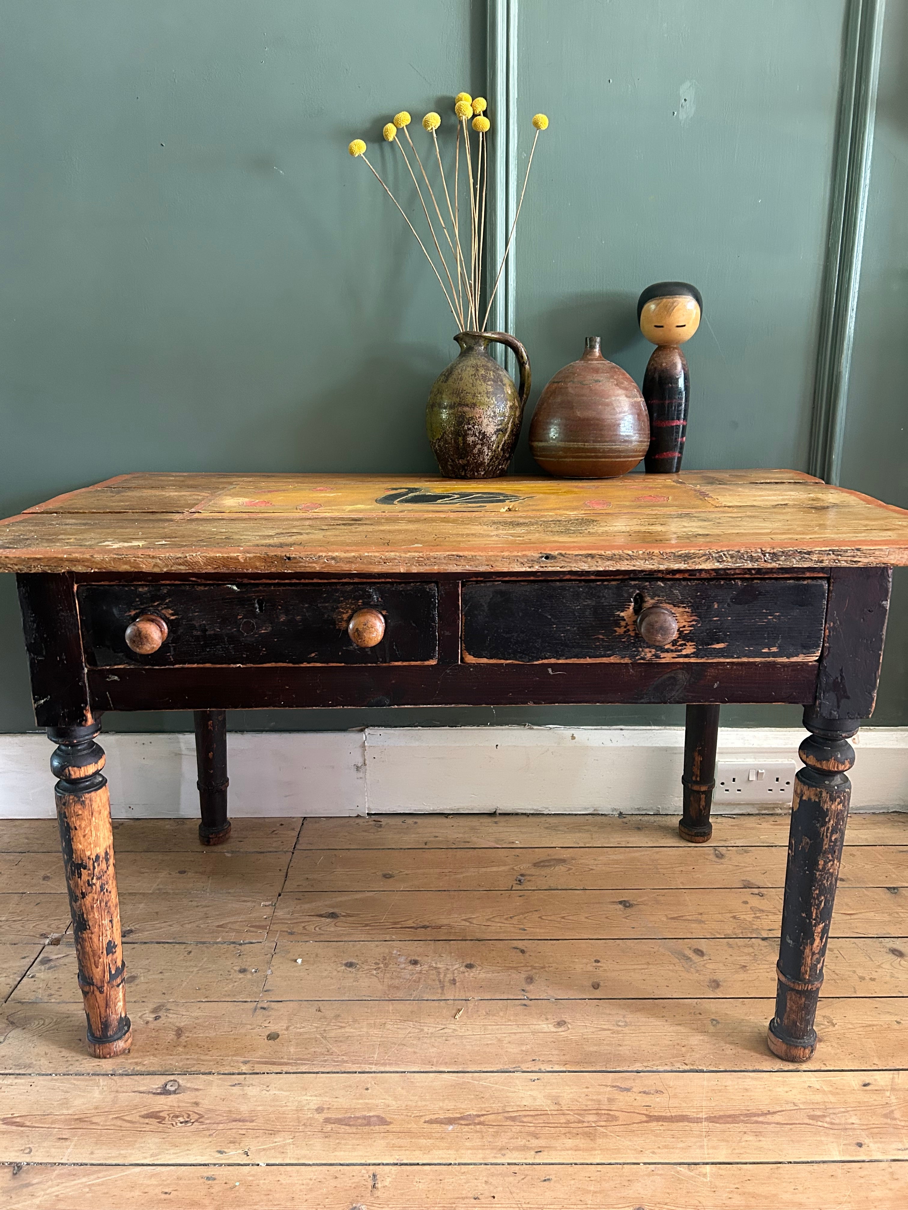 Vintage Pine console Table with Folk Art Sean Design