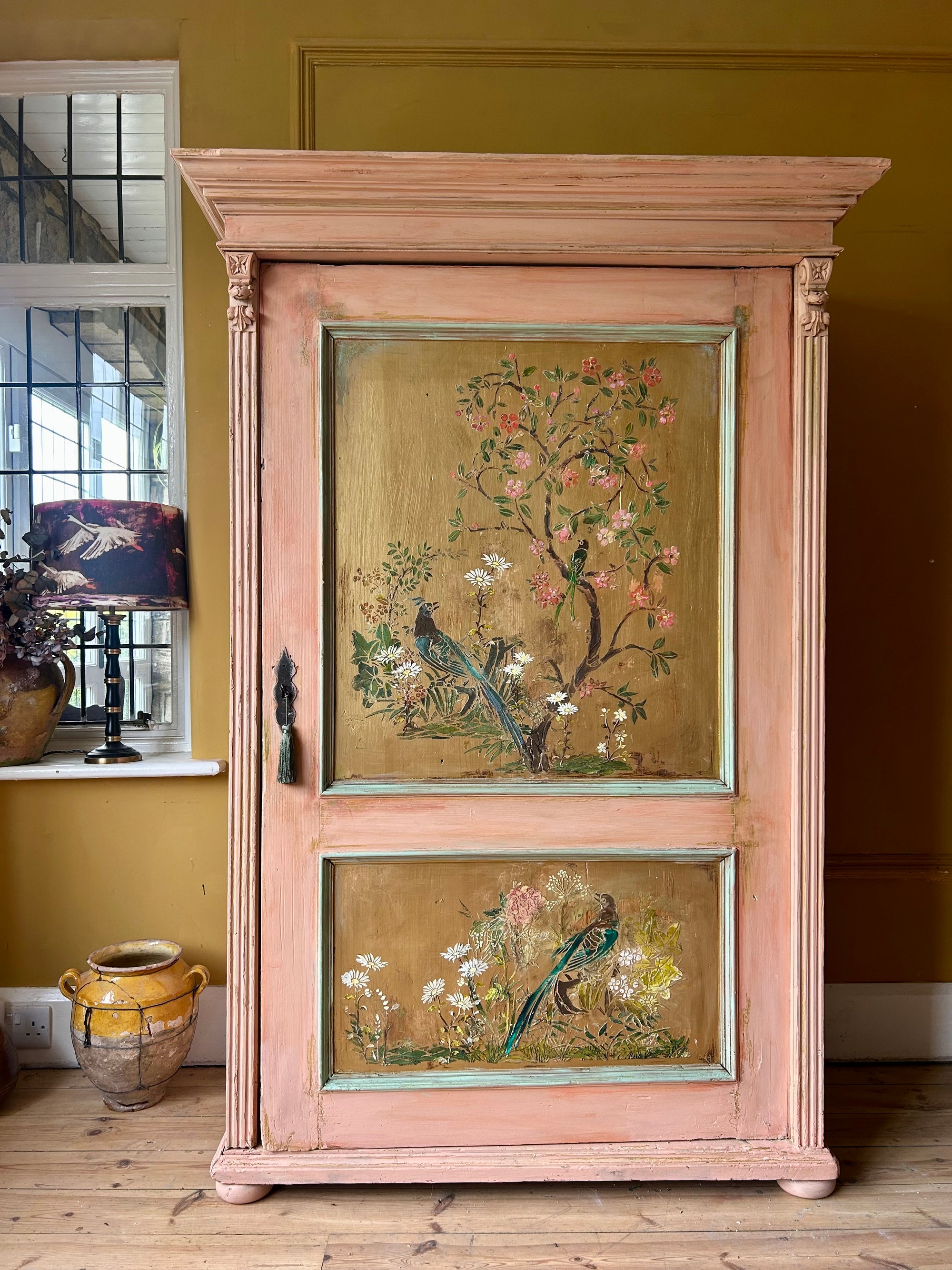 Vintage Painted Pine Armoire/Linen Press with Inlaid Chinoiserie